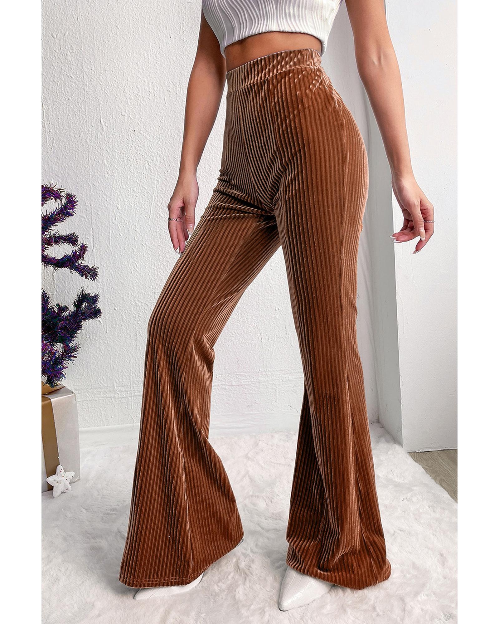 V539-AZEXDC7712424-P2017-S-202506150920-00 Chestnut Solid Color High Waist Flare Corduroy Pants - S - Image 1