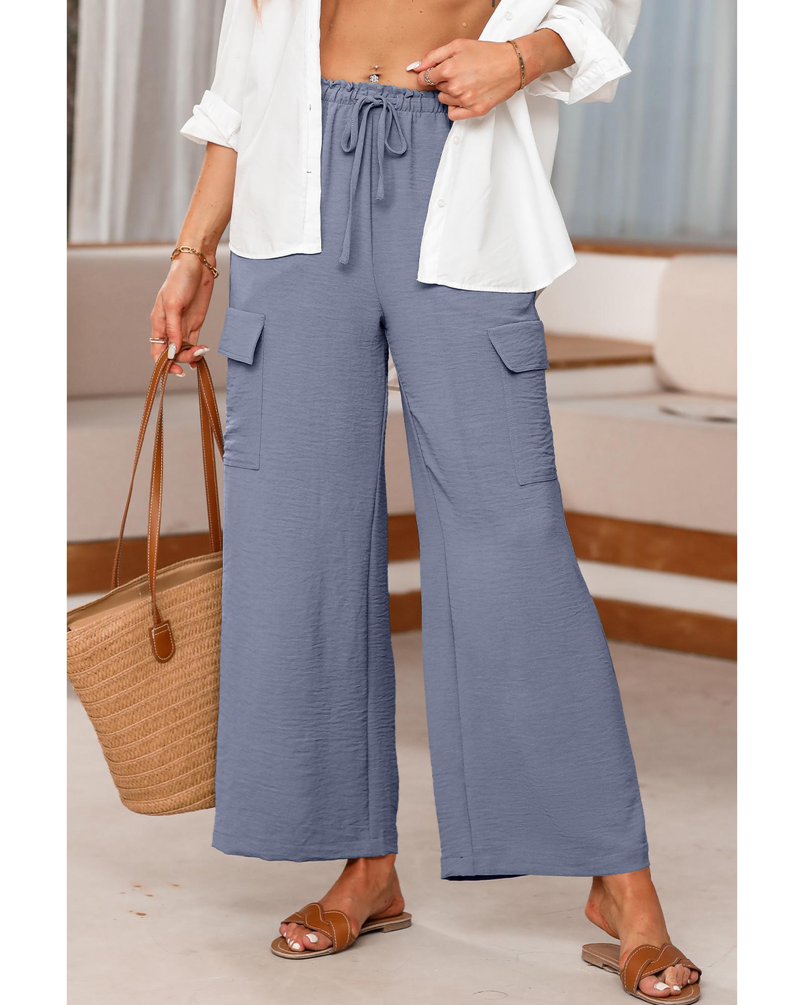 V539-AZEXDC7712579-P2011-L-202508292205-00 Dark Grey Drawstring Frilled Waist Wide Leg Utility Trousers - L - Image 1