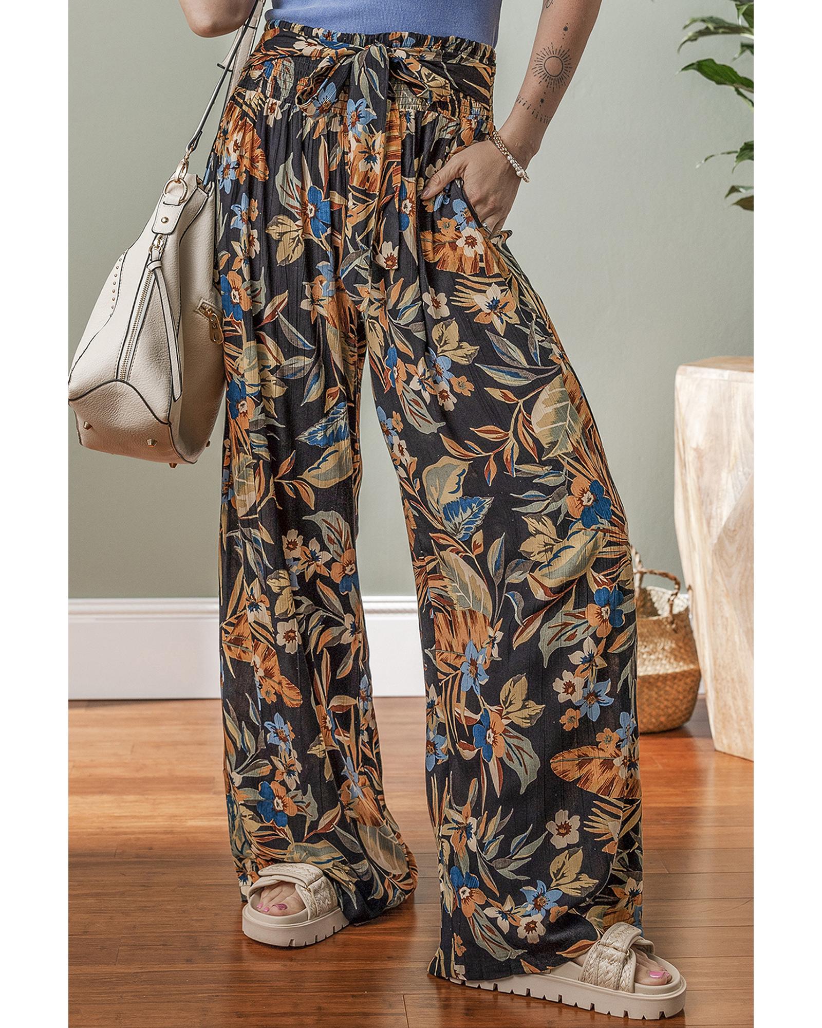 V539-AZEXDC7713371-P22-L-202508302115-00 Multicolour Floral Shirred High Waist Wide Leg Pants with Tie - L - Image 1