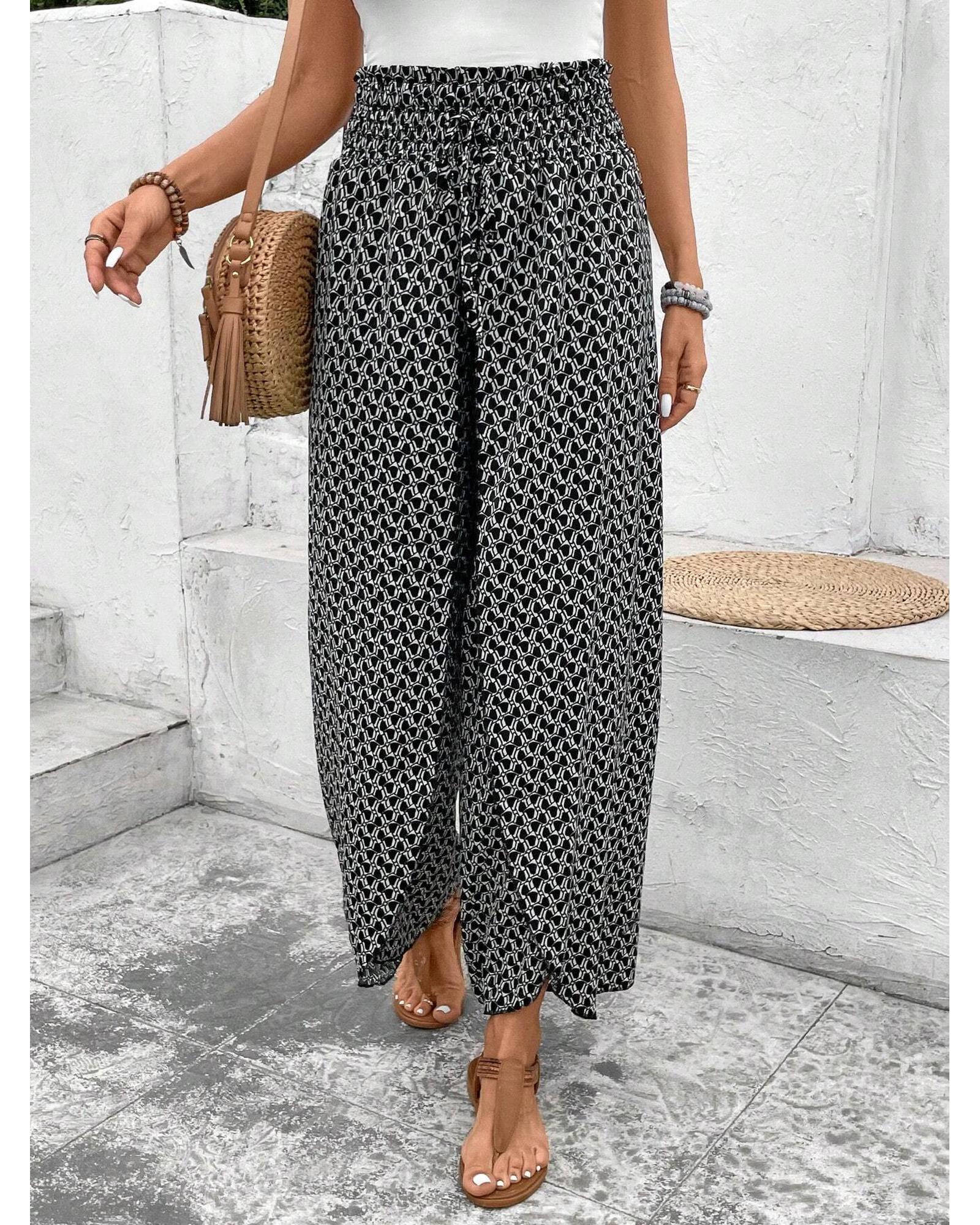V539-AZEXDC7713430-P220-L-202508281235-00 Black Bohemian Print Slit Wide Leg Smocked High Waist Pants - L - Image 1