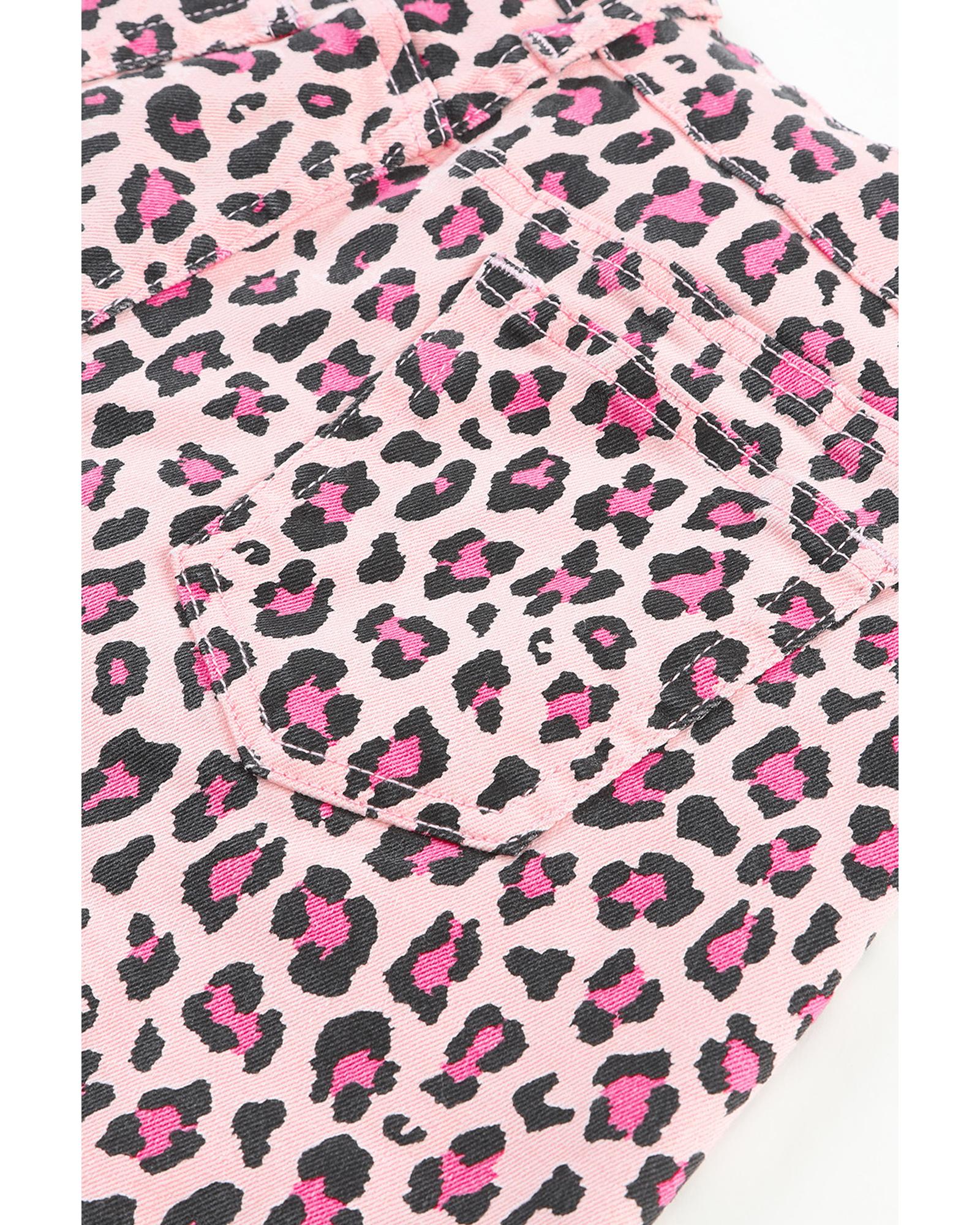 V539-AZEXDC7831298-10-12-202508300800-00 Pink Leopard Print Raw Hem Denim Shorts - 12 US - Image 1