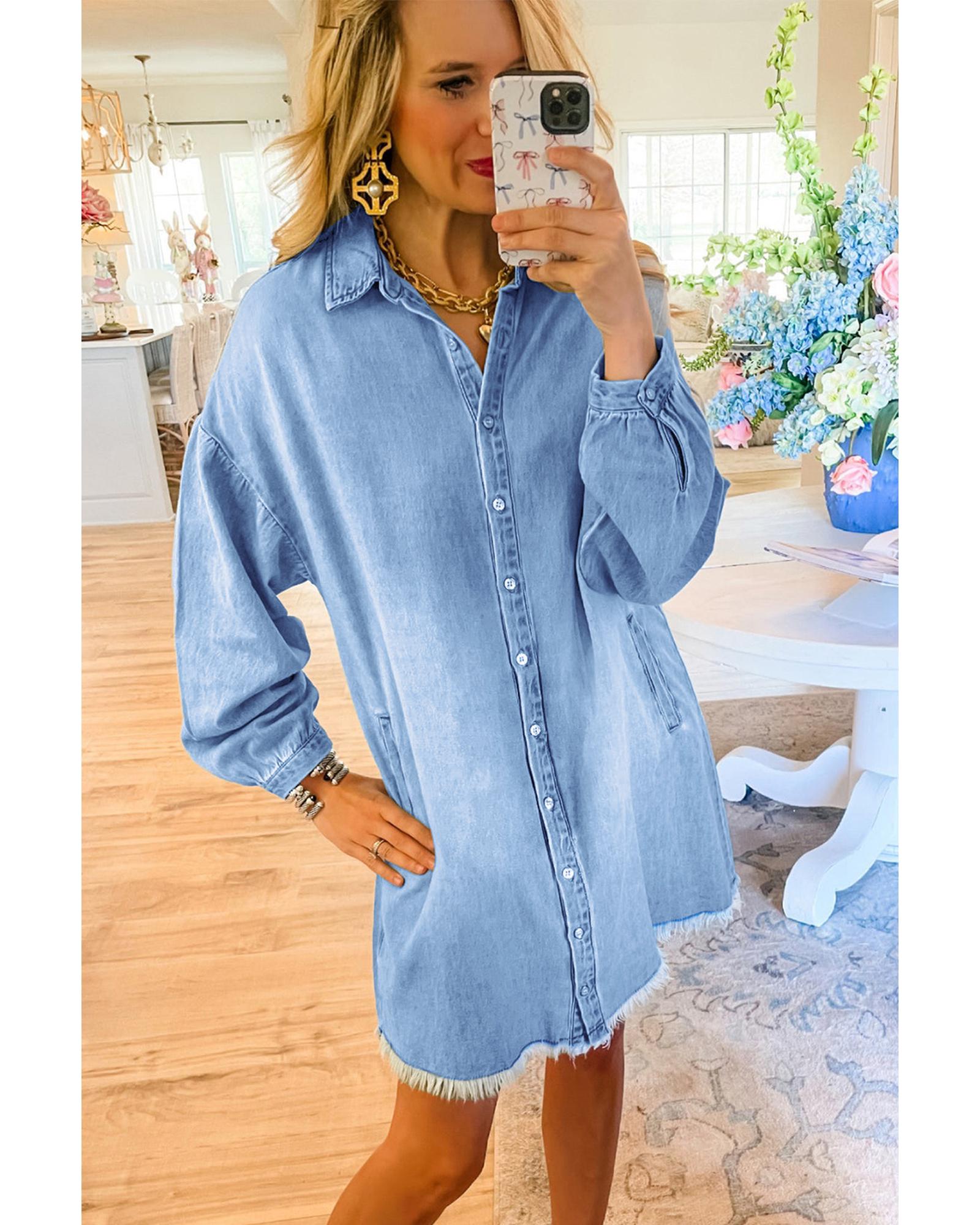 V539-AZEXDC786680-P804-XL-202508310011-00 Beau Blue Risen Medium Washed Denim Shirt Dress - XL - Image 1