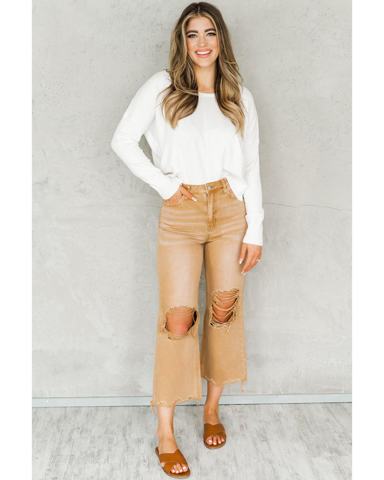 V539-AZEXDC787229-17-10-202506151111-00 Brown Distressed Hollow-out High Waist Cropped Flare Jeans - 10 US - Image 1