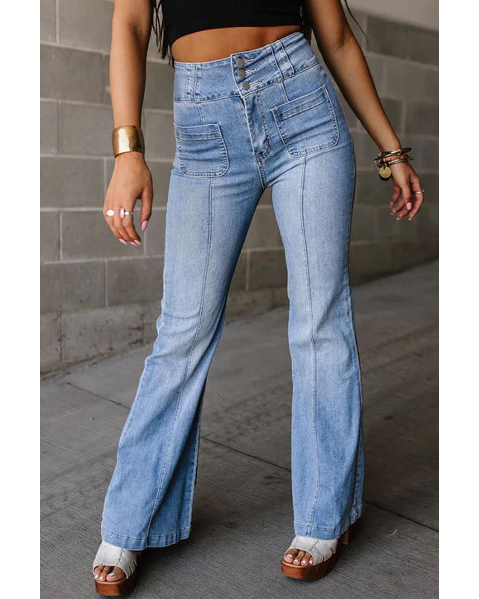 V539-AZEXDC7874883-P4-10-202508280815-00 Light Blue Fly Button Exposed Seam Patched Pocket Flare Jeans - 10 US - Image 1