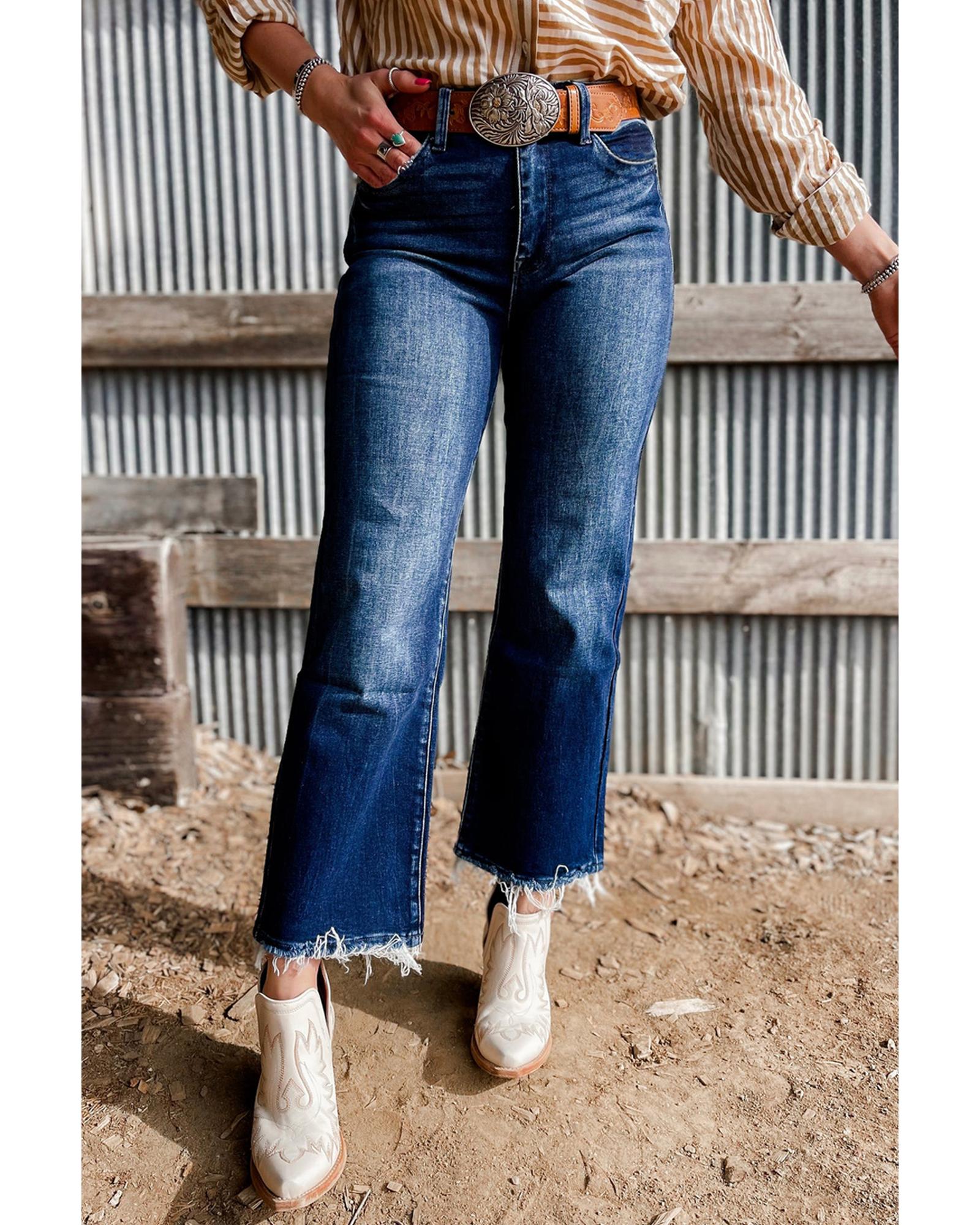 V539-AZEXDC7875084-P905-8-202508310150-00 Sail Blue Mineral Wash Raw Hem High Waist Flared Jeans - 8 US - Image 1