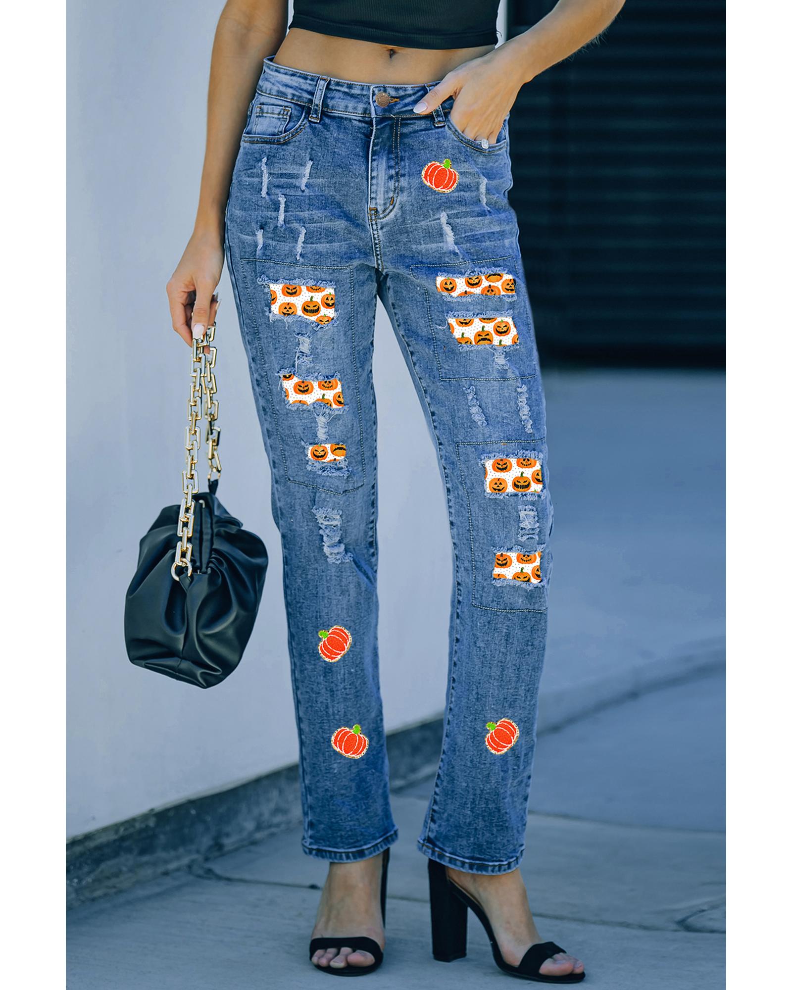 V539-AZEXDC7875175-4-8-202508300735-00 Sky Blue Ripped Pumpkin Patchwork Halloween Straight Jeans - 8 US - Image 1