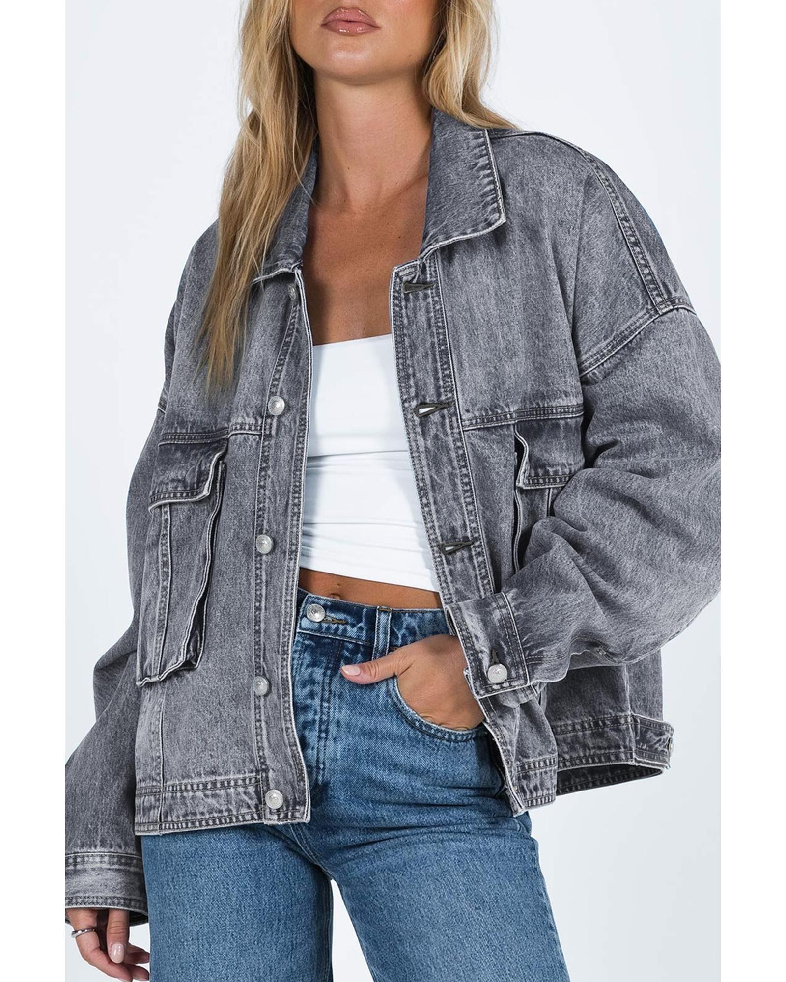 V539-AZEXDC788285-11-M-202508280225-00 Gray Chest Pockets Drop Shoulder Loose Denim Jacket - M - Image 1