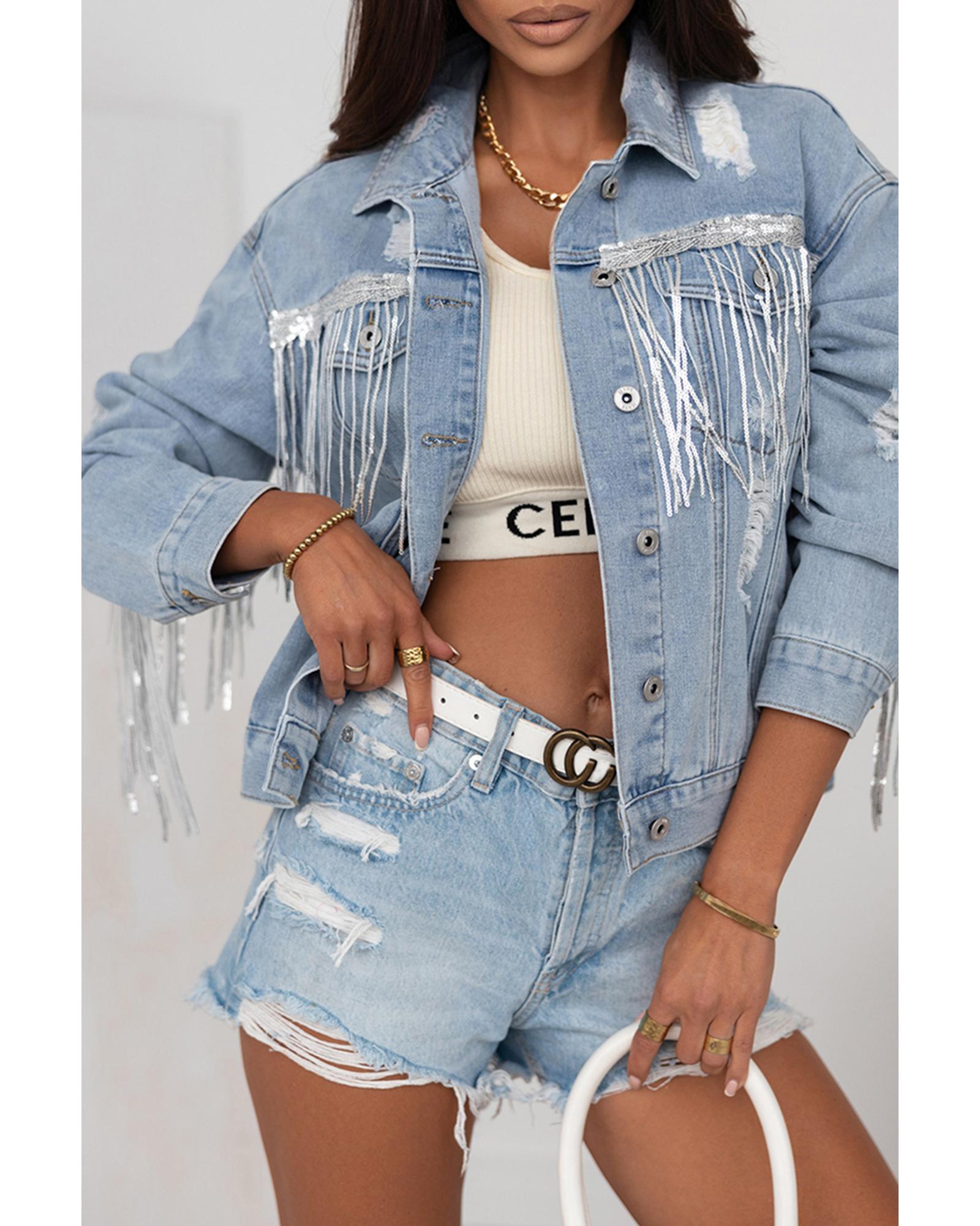 V539-AZEXDC788315-4-M-202508292045-00 Sky Blue Sequin Embellished Fringe Distressed Denim Jacket - M - Image 1