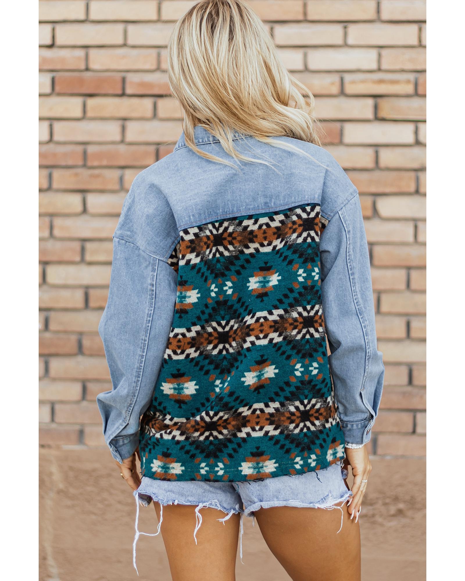V539-AZEXDC788577-P520-M-202508280225-00 Blue Aztec Printed Denim Jacket - M - Image 1