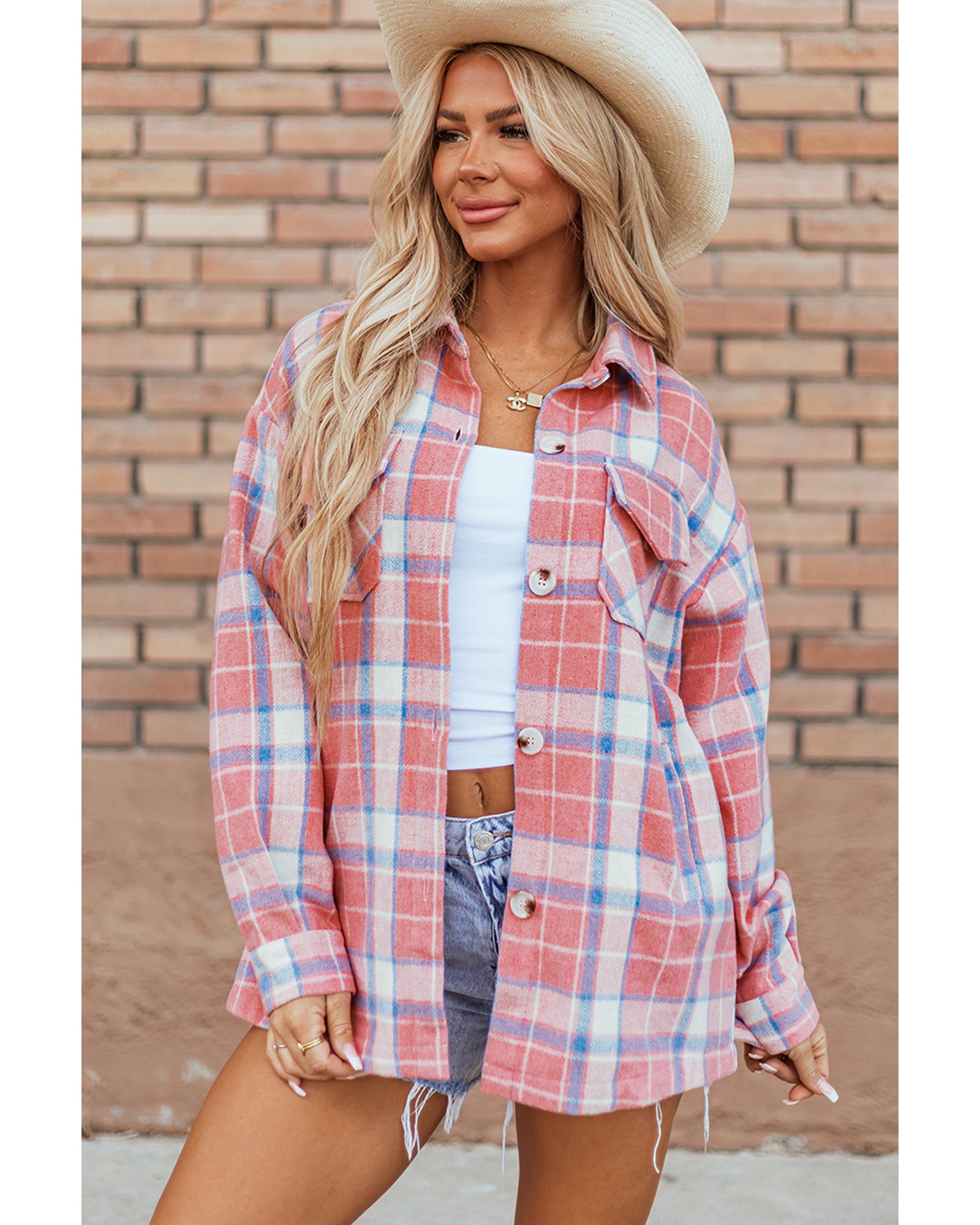 V539-AZEXDC8513333-P1022-XL-202508300700-00 Pink Plaid Flap Pocket Button Up Shacket - XL - Image 1