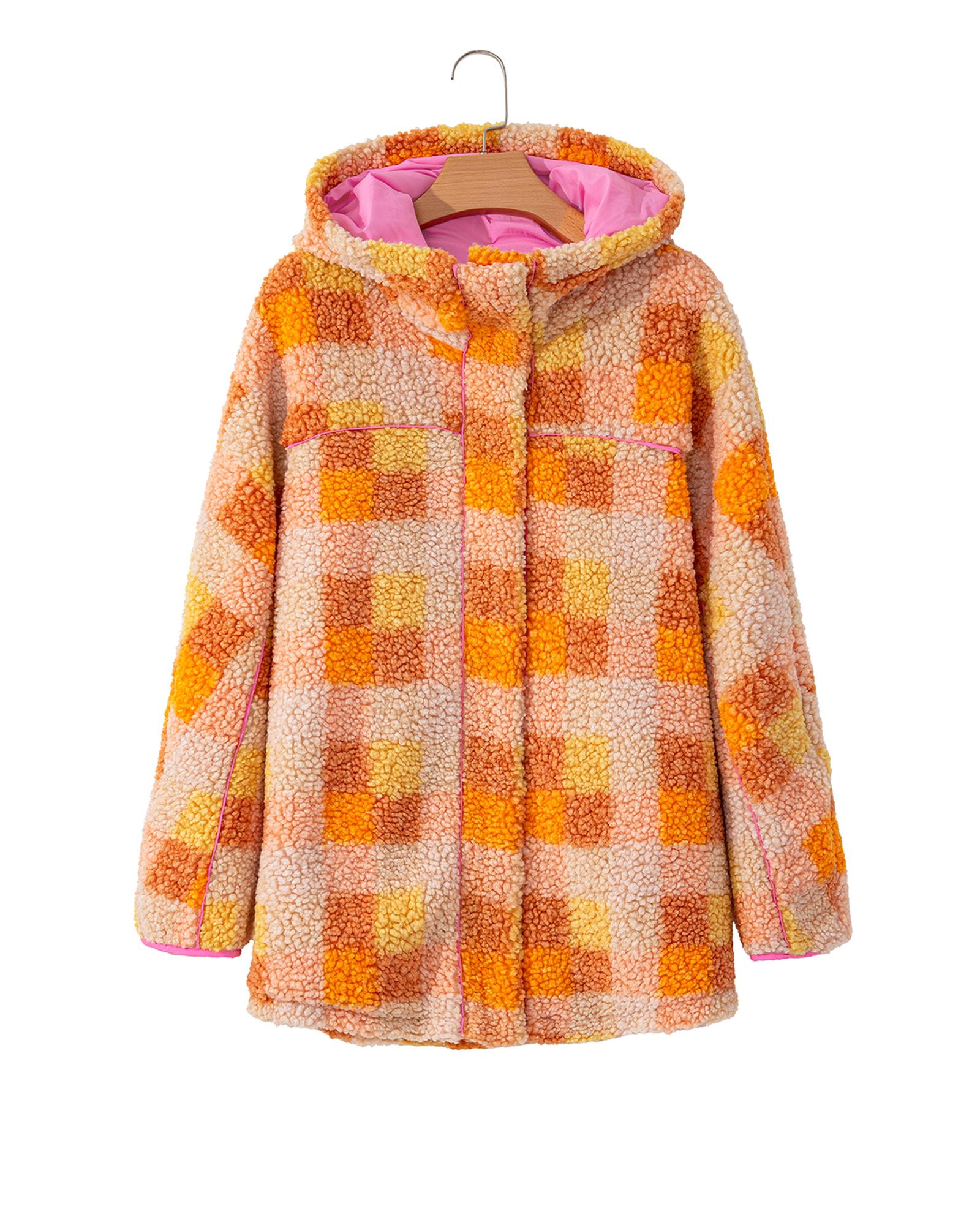 V539-AZEXDC8513409-P1420-XL-202508281505-00 Orange Checkered Sherpa Hooded Jacket - XL - Image 1