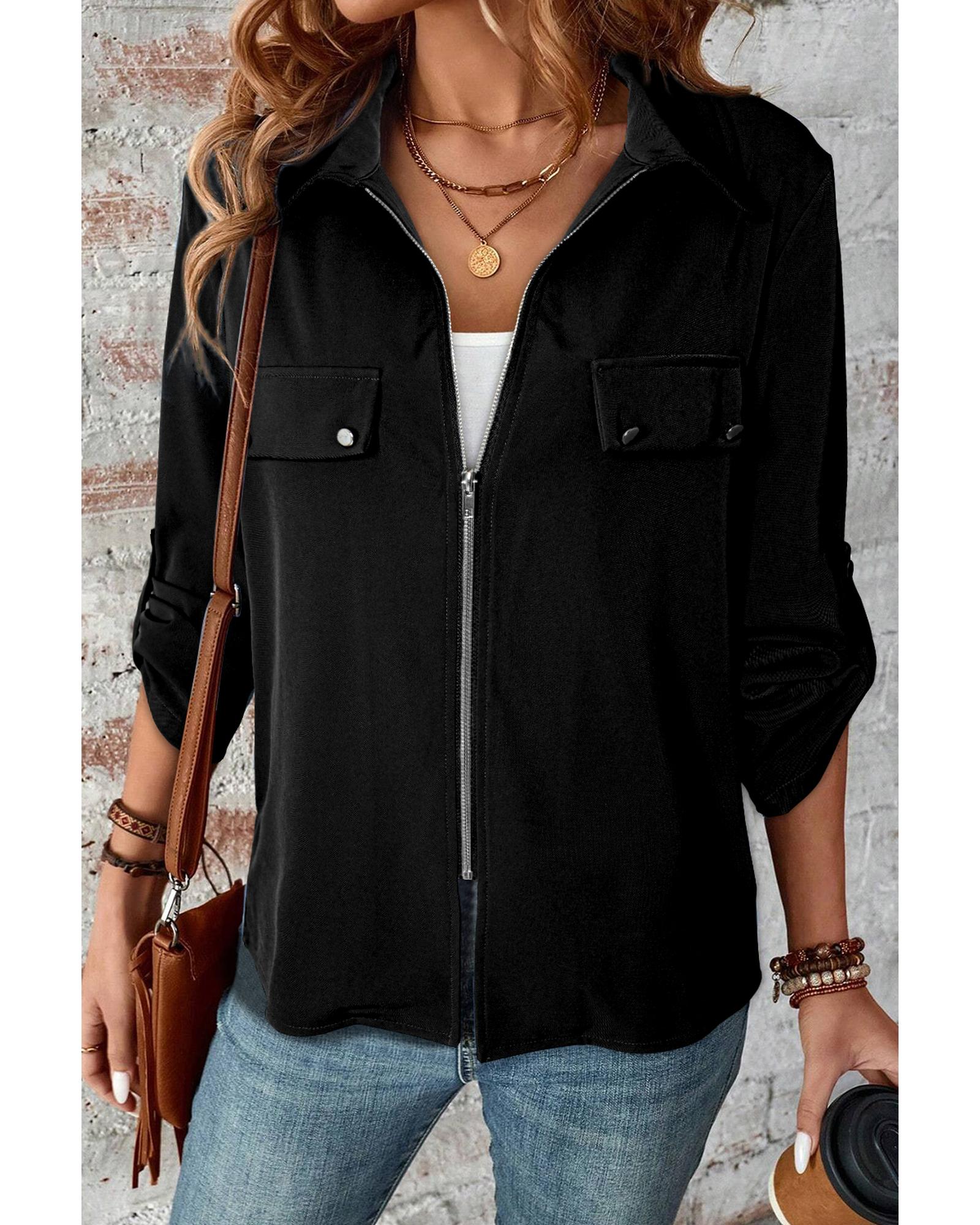 V539-AZEXDC8513419-P2-L-202508291340-00 Black Collar Tab Sleeve Zip Up Flap Detail Jacket - L - Image 1