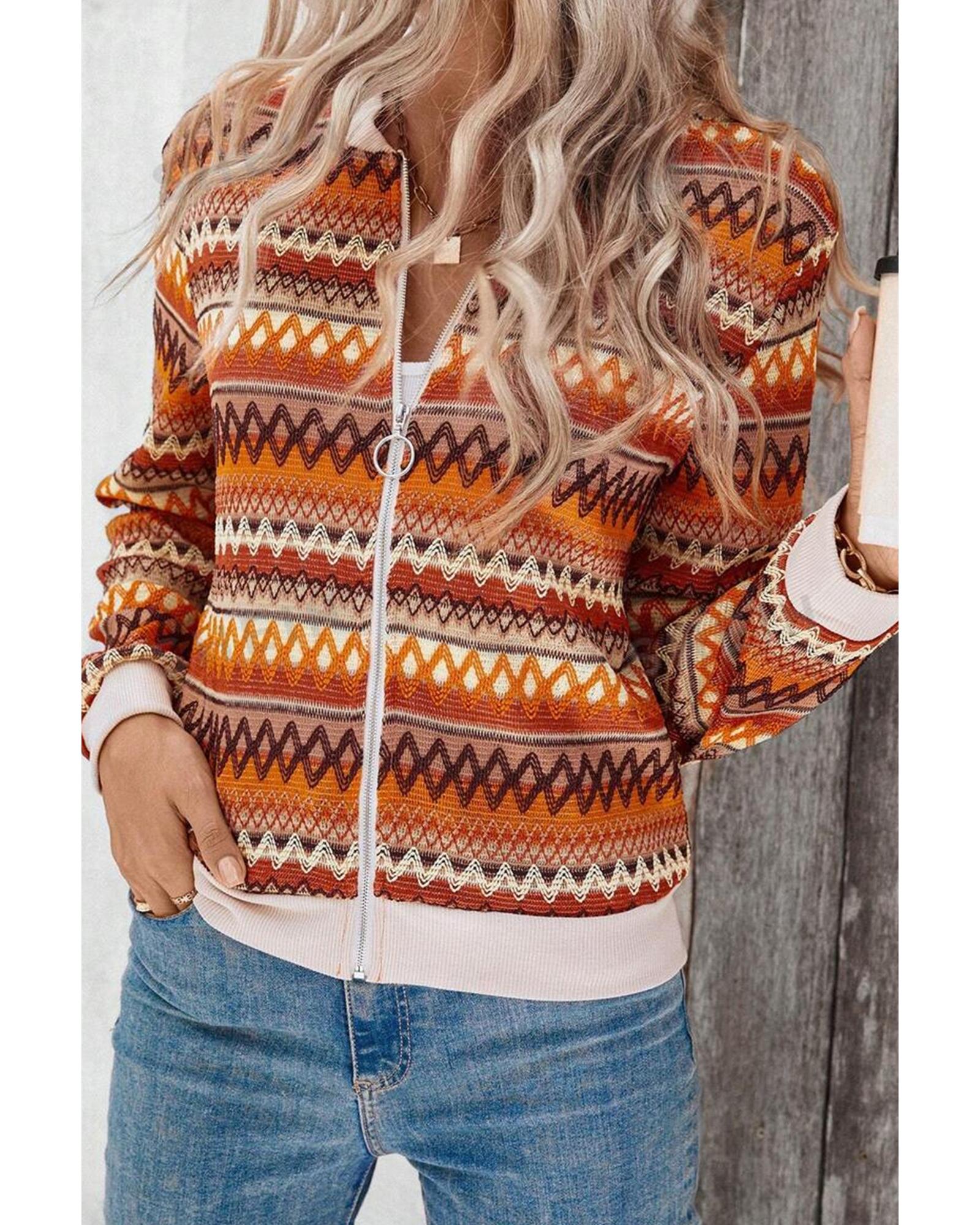 V539-AZEXDC8513500-P1422-S-202506151635-00 Orange Boho Striped Zip Up Long Sleeve Jacket - S - Image 1