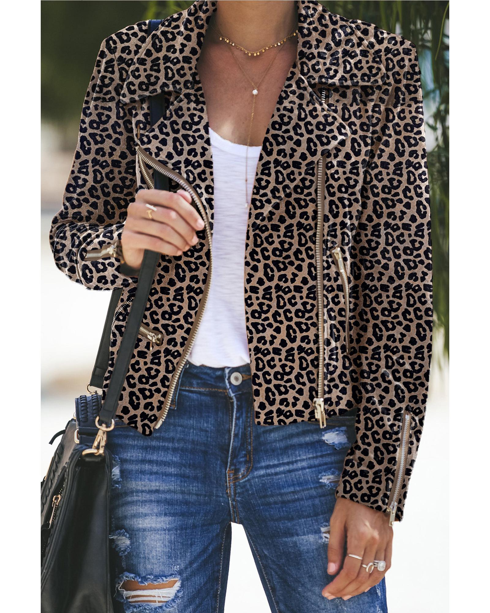 V539-AZEXDC85294-1020-2XL-202508300800-00 Leopard Zipped Notch Collar Short Jacket - 2XL - Image 1