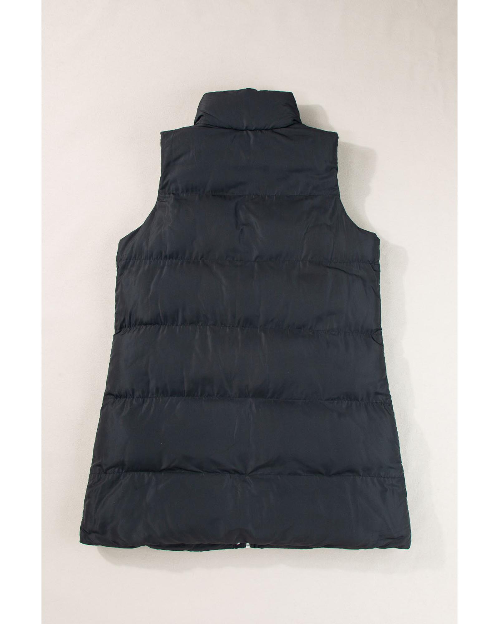 V539-AZEXDC853326-P2-M-202508301215-00 Black Windproof Longline Full Zipper Puffer Vest with Pockets - M - Image 1