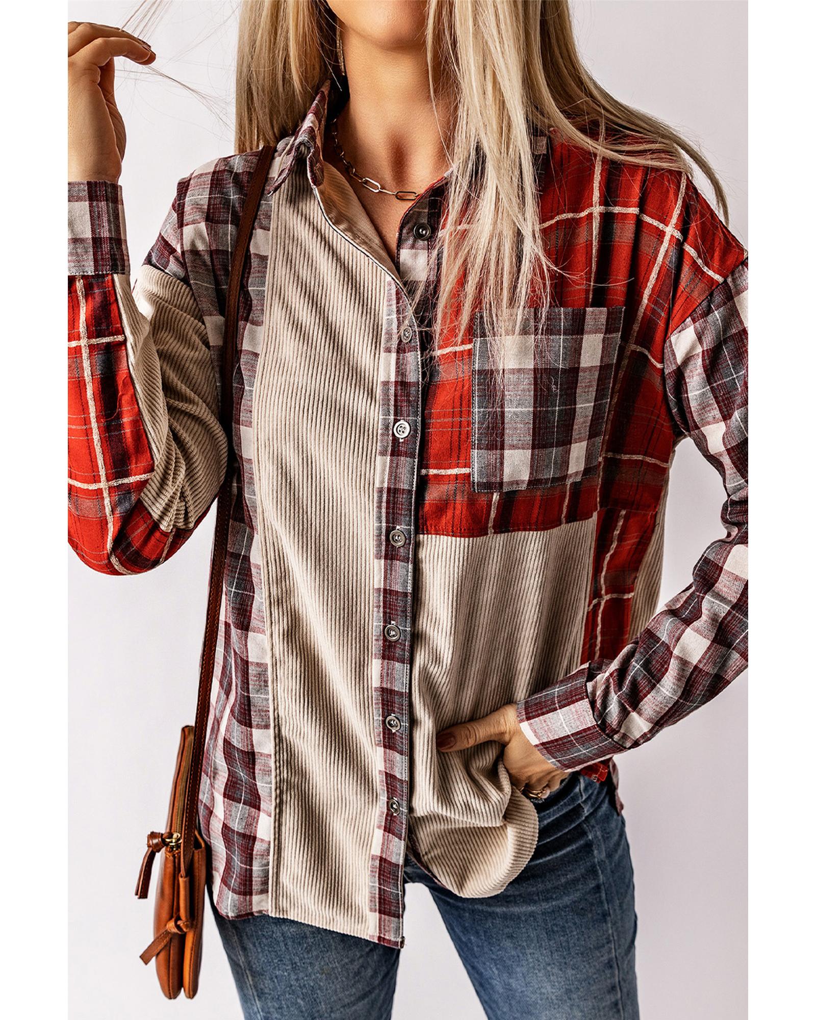 V539-AZEXDC854197-3-XL-202508280925-00 Plaid Corduroy Patchwork Shacket - XL - Image 1