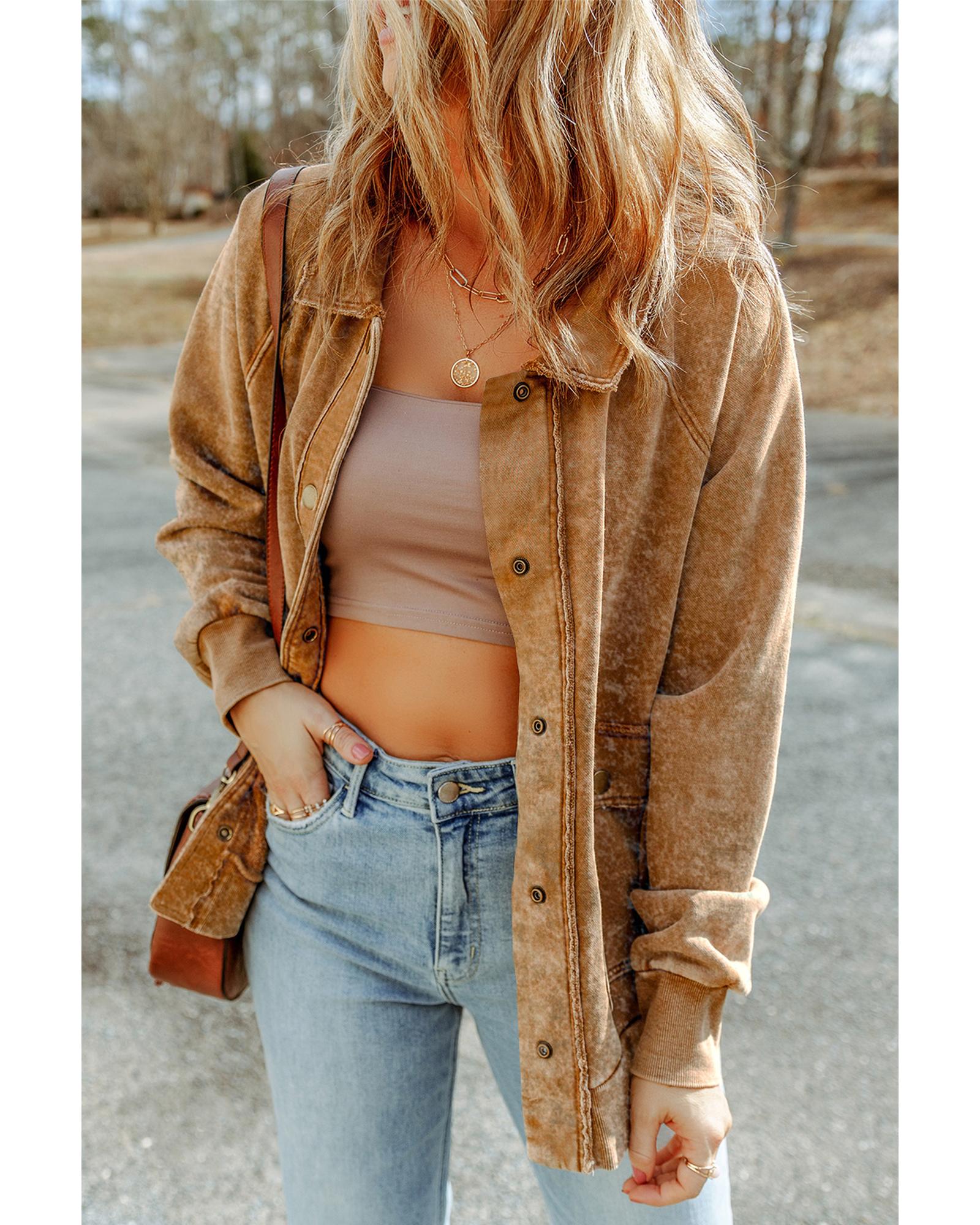 V539-AZEXDC854296-16-L-202508280850-00 Khaki Vintage Washed Flap Pocket Button Shacket - L - Image 1