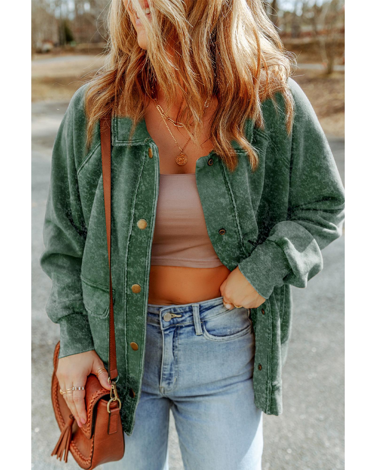 V539-AZEXDC854296-9-L-202508300020-00 Green Vintage Washed Flap Pocket Button Shacket - L - Image 1