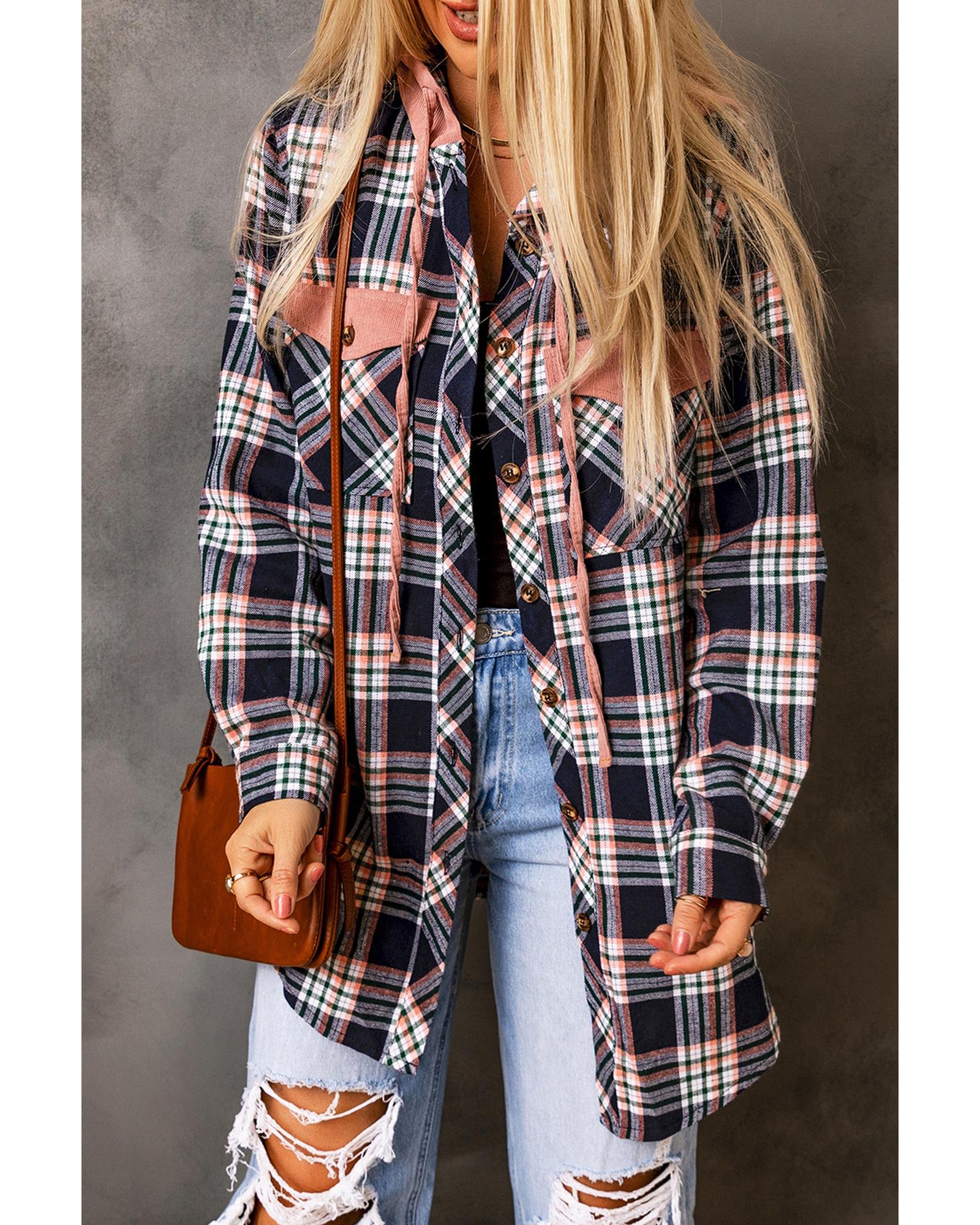 V539-AZEXDC854437-10-S-202506151936-00 Pink Contrast Hooded Drawstring Plaid Shacket - S - Image 1