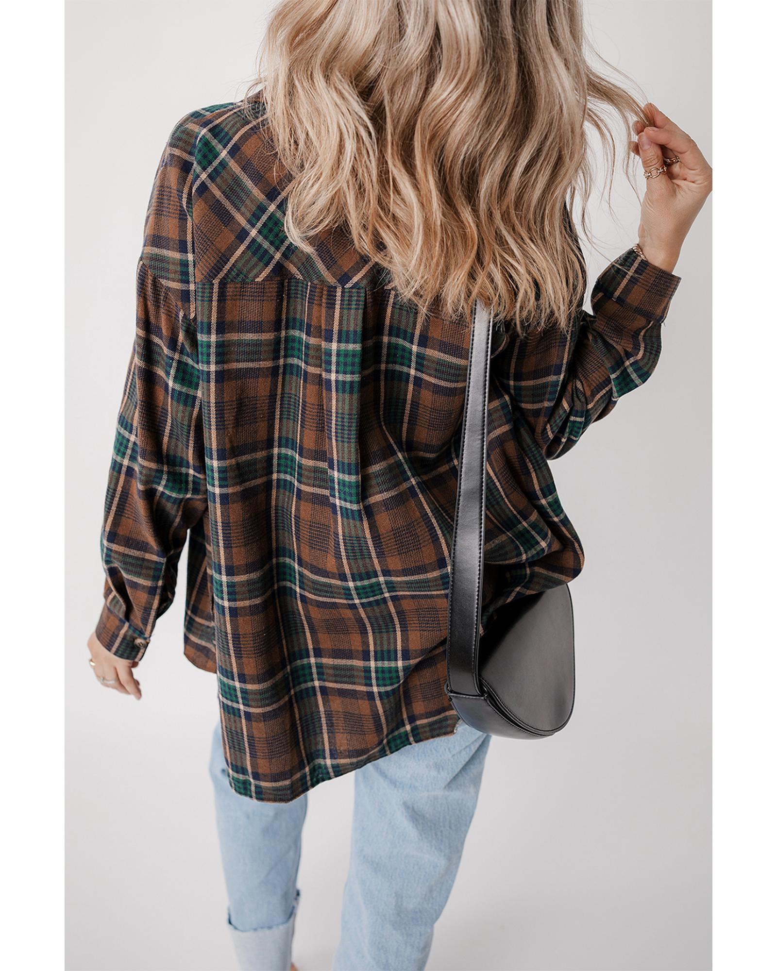 V539-AZEXDC854735-P1722-S-202506181641-00 Brown Plaid Print Chest Pockets Buttoned Shirt Jacket - S - Image 1
