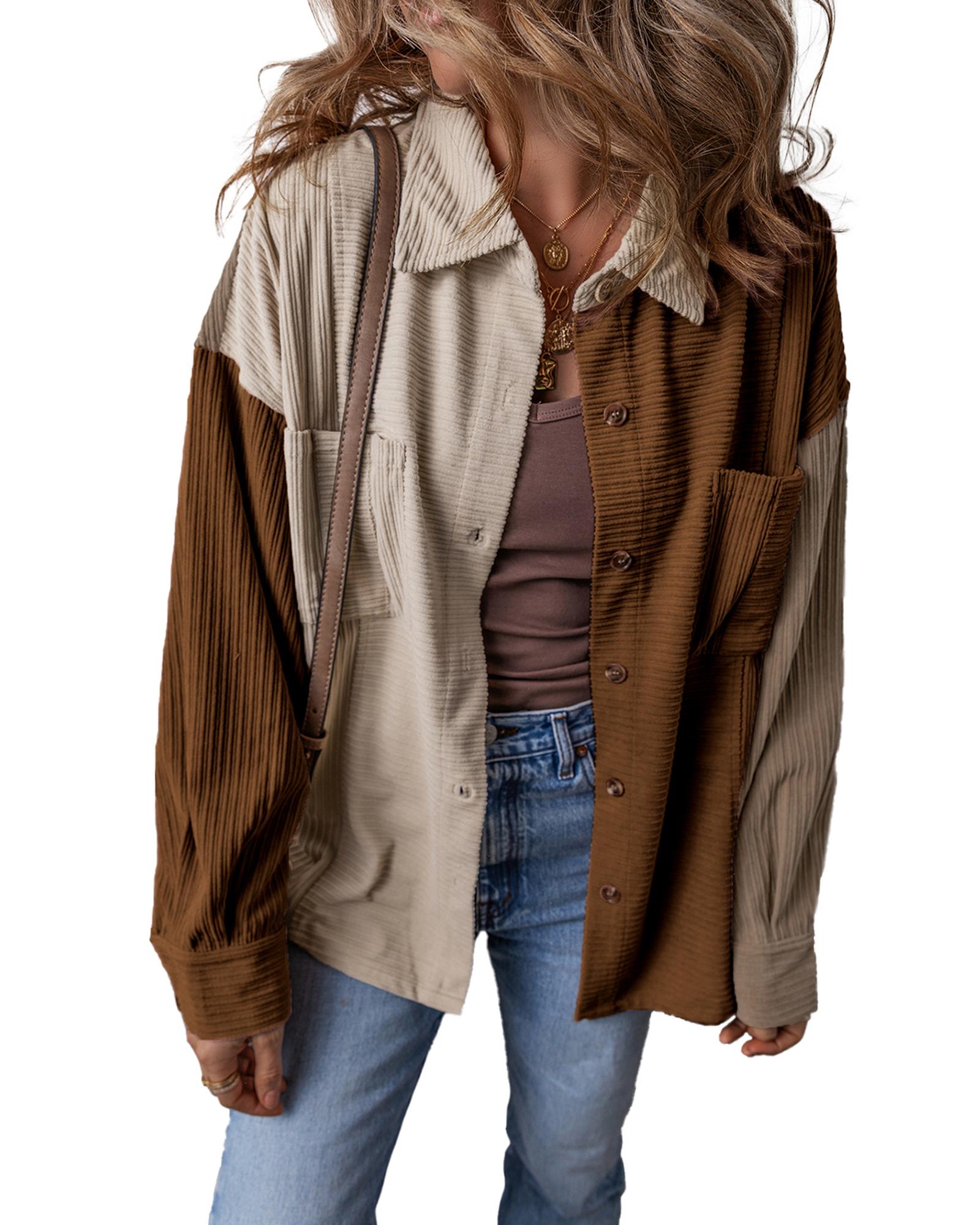 V539-AZEXDC854767-P1722-2XL-202508310305-00 Brown Color Block Chest Pockets Buttoned Corduroy Shacket - 2XL - Image 1