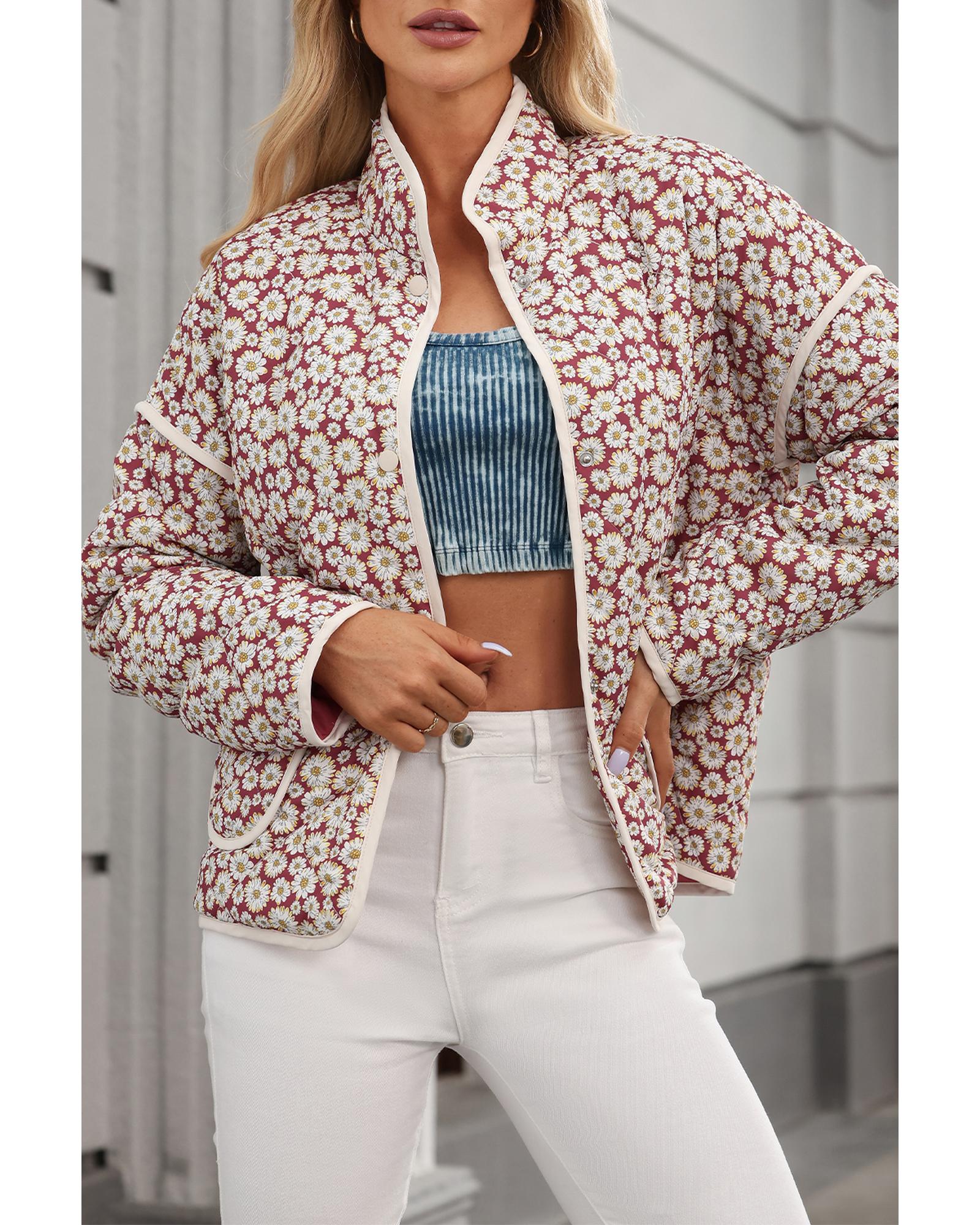 V539-AZEXDC856189-P1020-M-202508310315-00 Pink Floral Print Contrast Edge Pocketed Stand Neck Jacket - M - Image 1