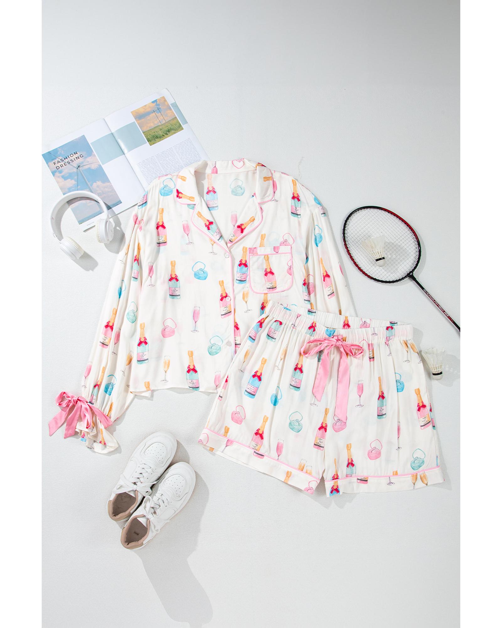 V539-AZEXPL15143-P120-1X-202506181936-00 White Plus Size Wine Glass Print Bow Knot Pajama Set - 1X - Image 1