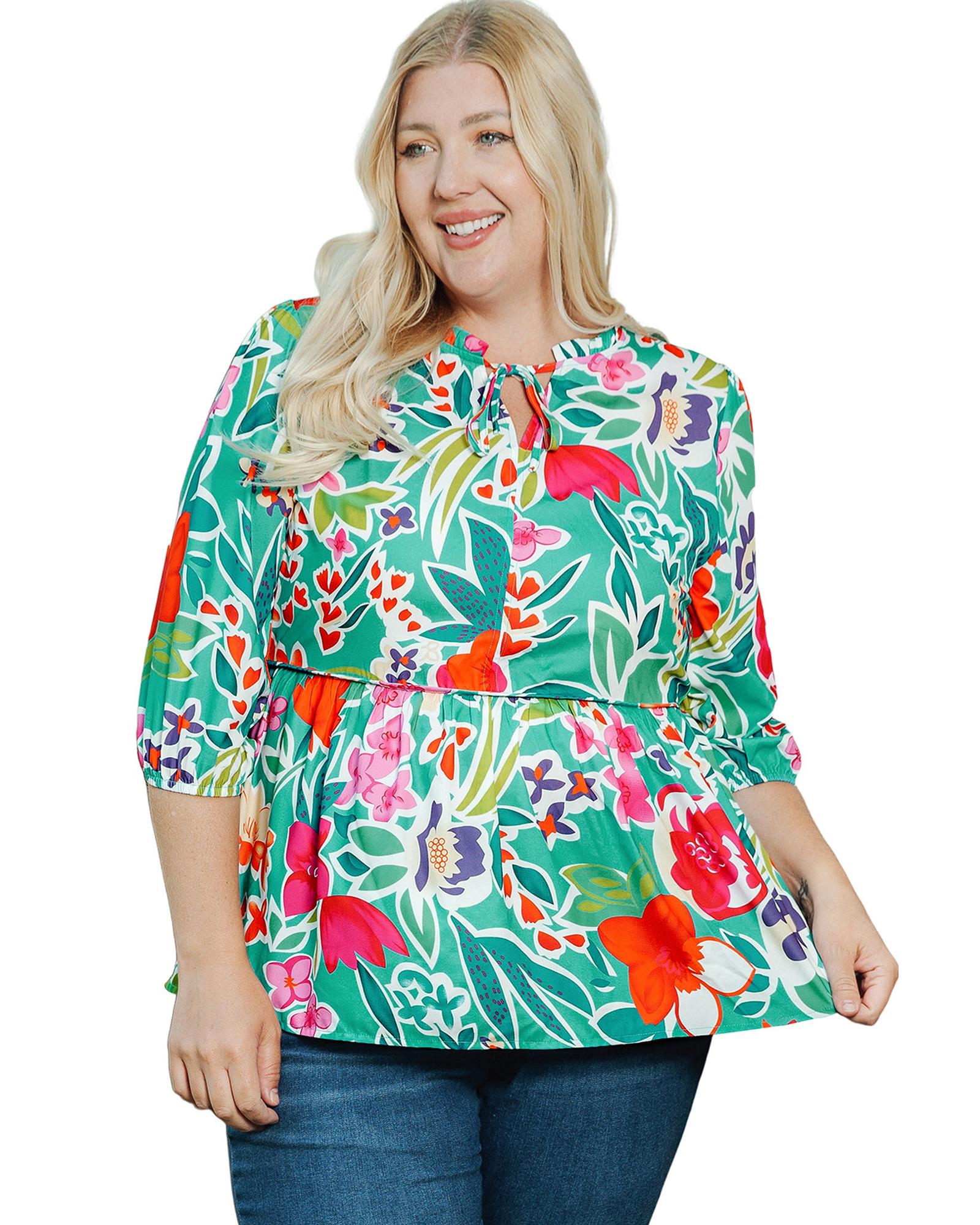 V539-AZEXPL2511058-22-1X-202506181940-00 Multicolor Floral Tie Split Neck Plus Size Peplum Blouse - 1X - Image 1