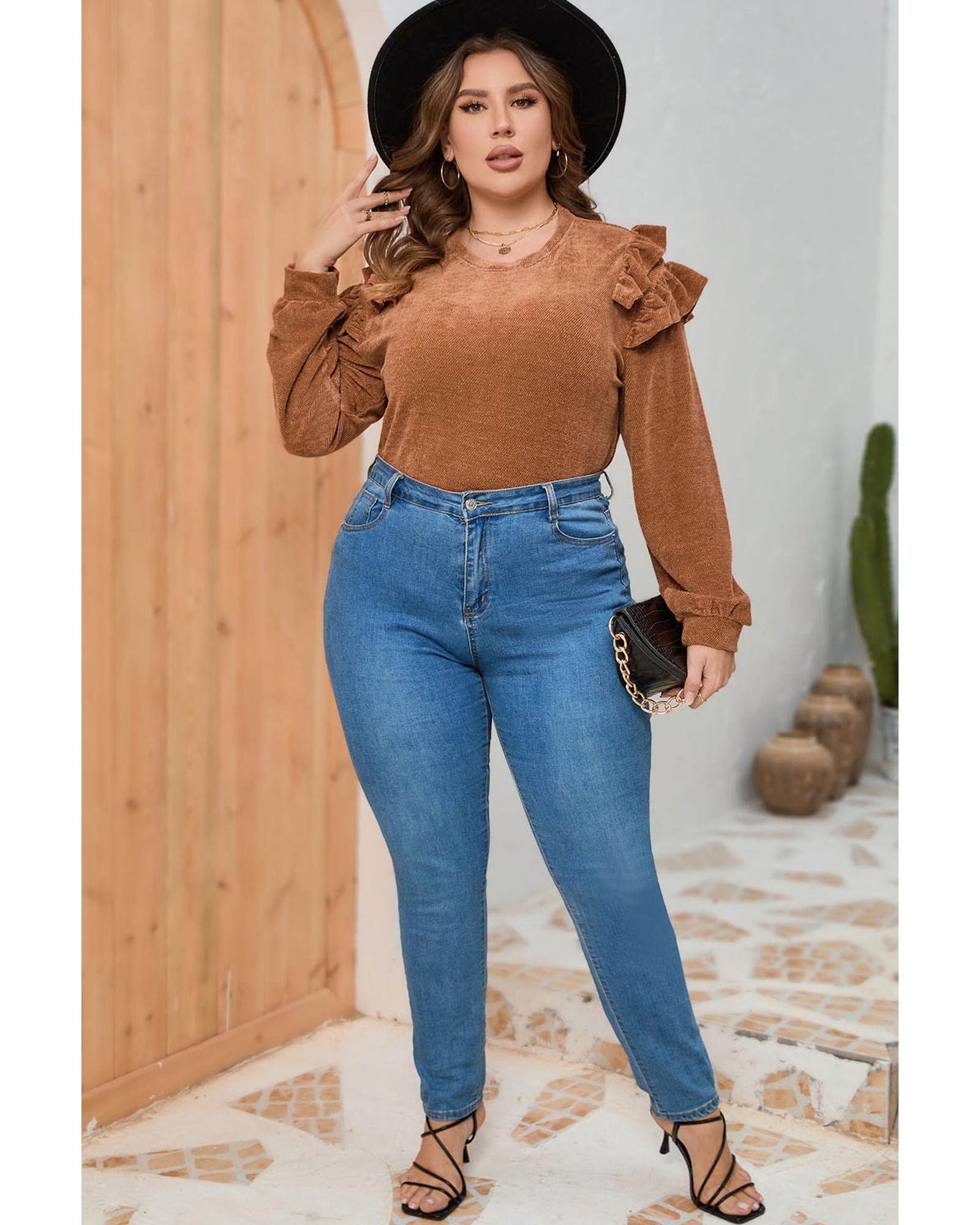 V539-AZEXPL2511161-17-2X-202508310940-00 Brown Plus Size Solid Ruffled Tiered Long Sleeve Top - 2X - Image 1