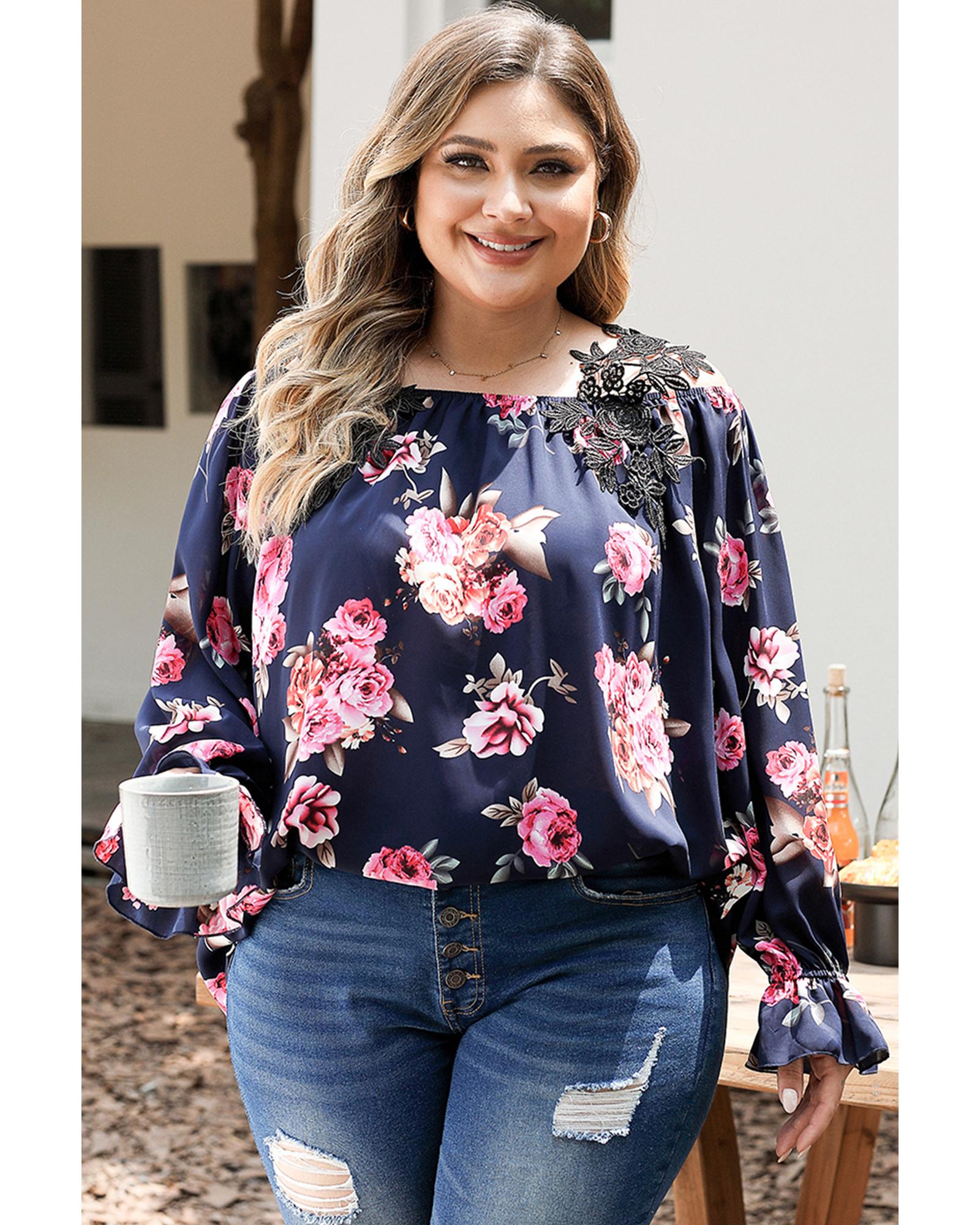 V539-AZEXPL2511198-P605-2X-202508311130-00 Navy Blue Plus Size Crochet Detail Cold shoulder Floral Blouse - 2X - Image 1