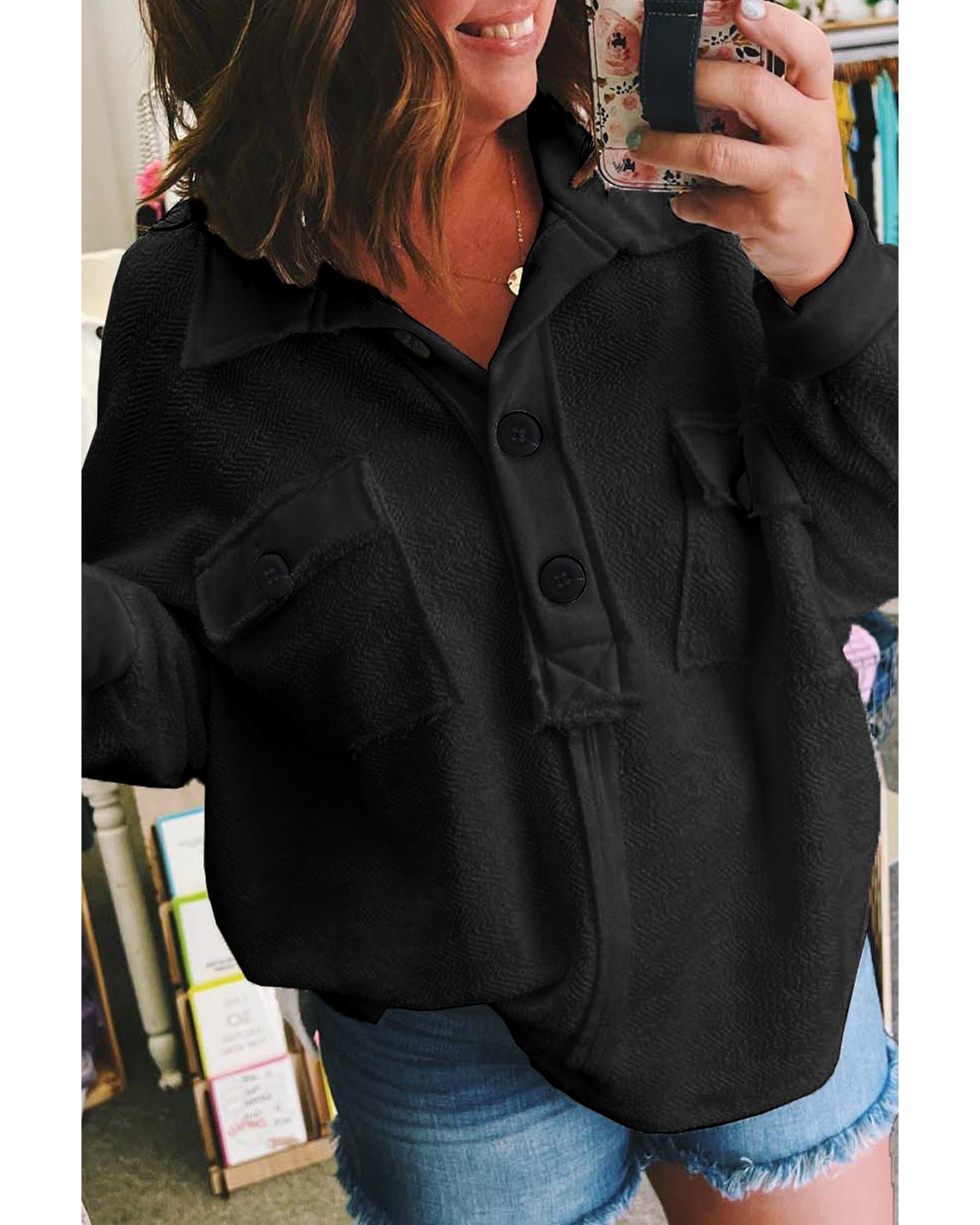 V539-AZEXPL2511216-P2-1X-202506182010-00 Black Plus Size Long Sleeve Flap Pocket Henley Top - 1X - Image 1