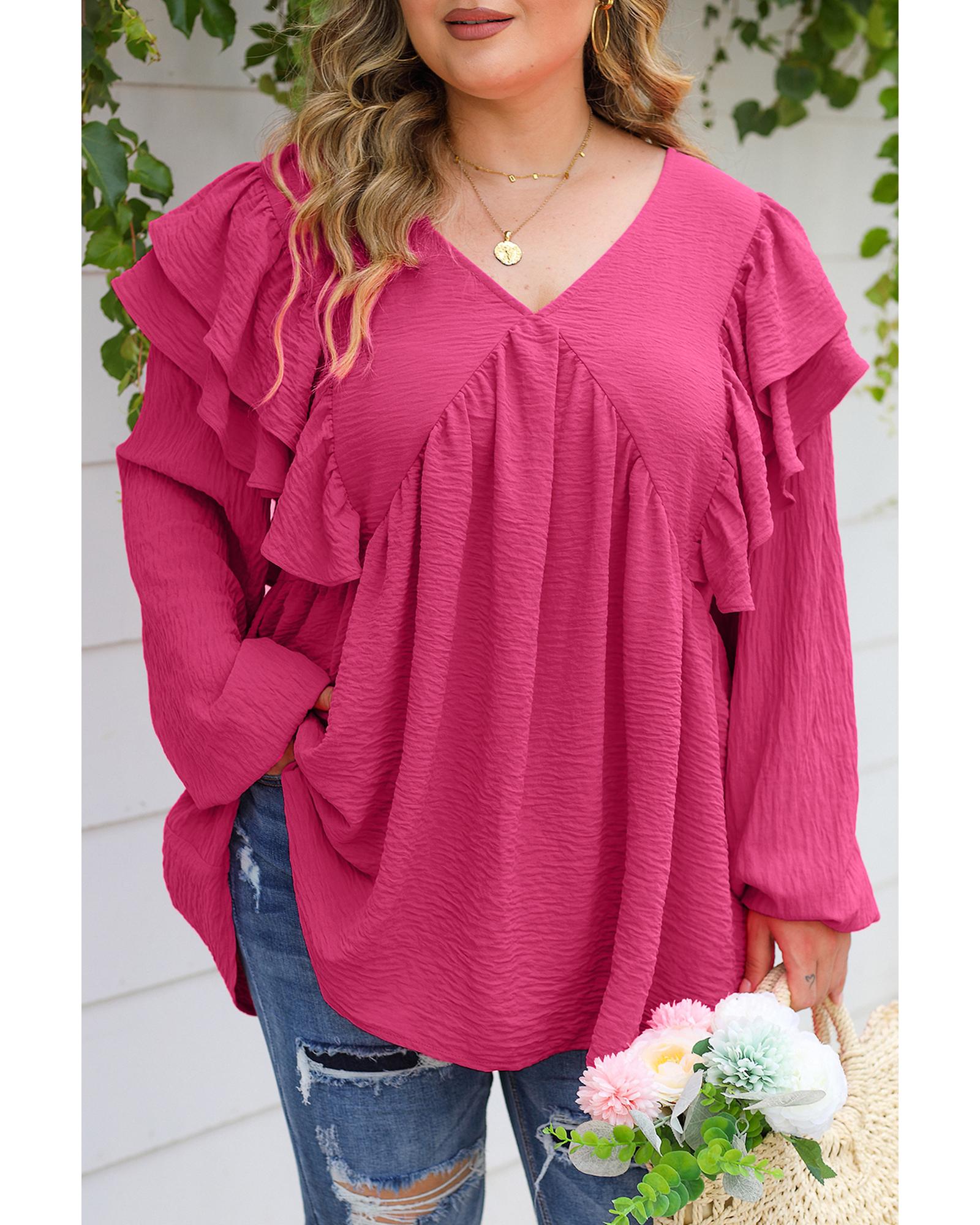 V539-AZEXPL2511255-10-3X-202508310450-00 Pink Crinkle Ruffled V Neck Plus Size Blouse - 3X - Image 1