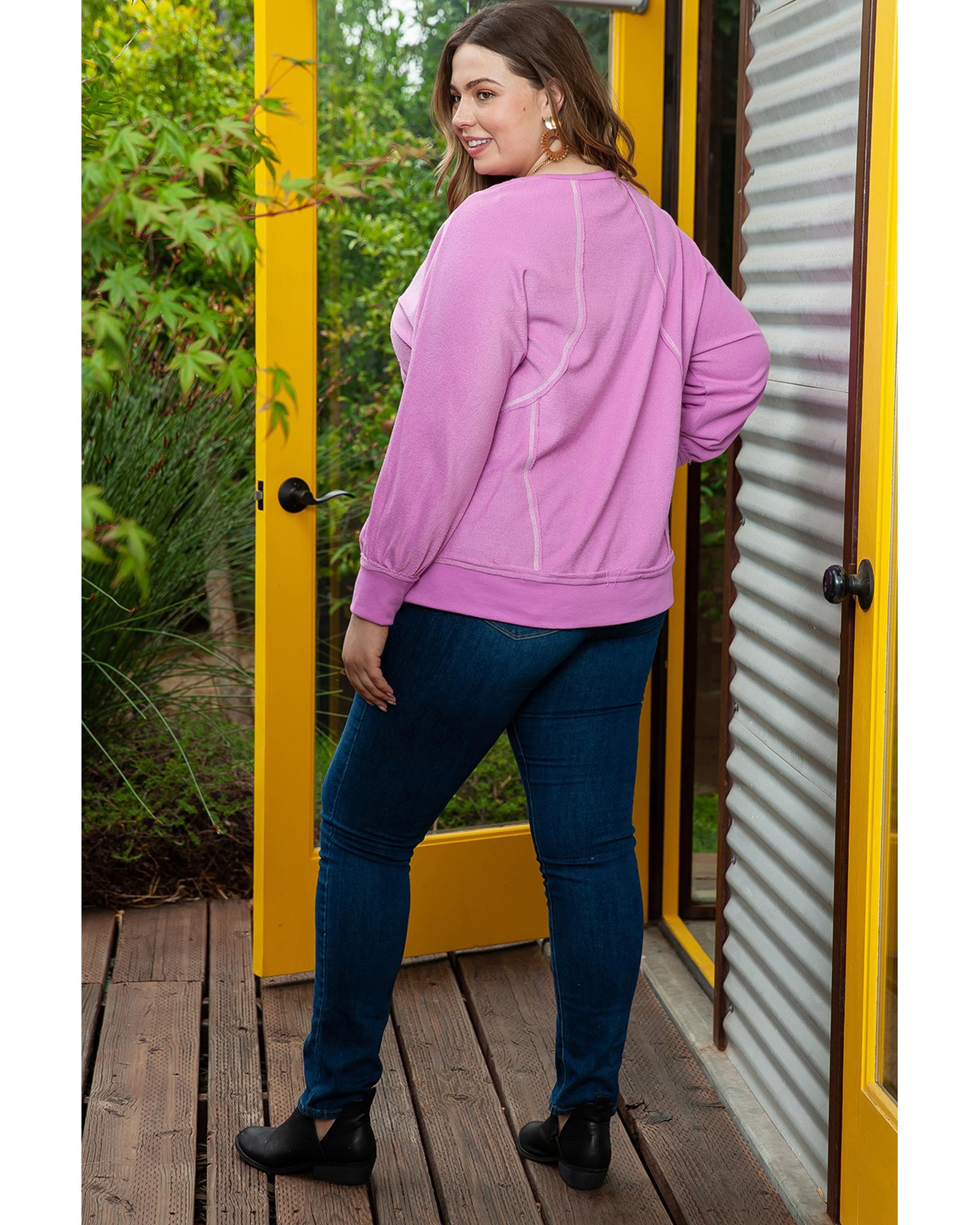 V539-AZEXPL2511301-10-3X-202508311155-00 Azura Exchange Pink Plus Size Exposed Seam Terry Long Sleeve Top - 3X - Image 1