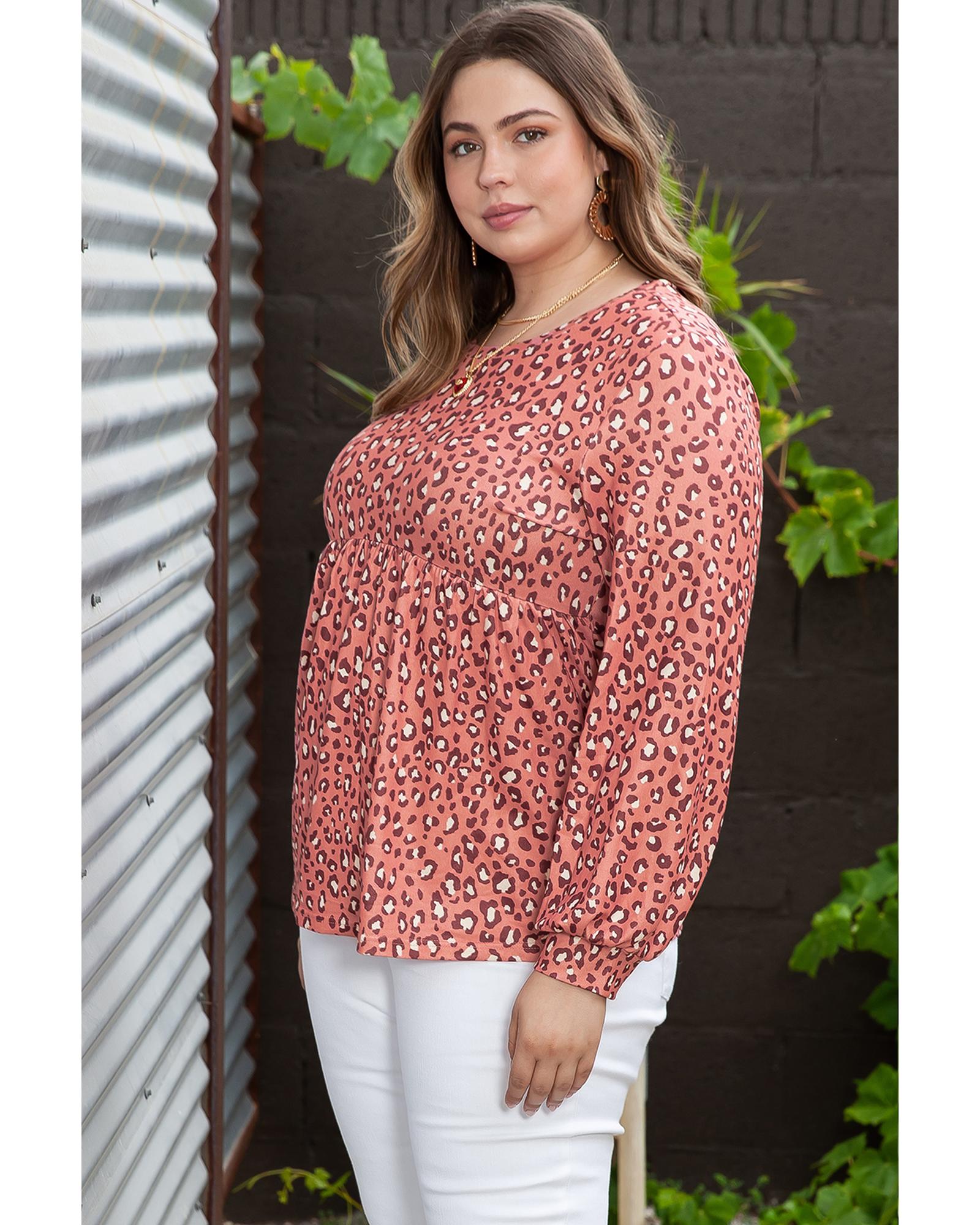 V539-AZEXPL2511326-20-2X-202508311230-00 Leopard Print Long Sleeve Ruffled Babydoll Plus Size Blouse - 2X - Image 1