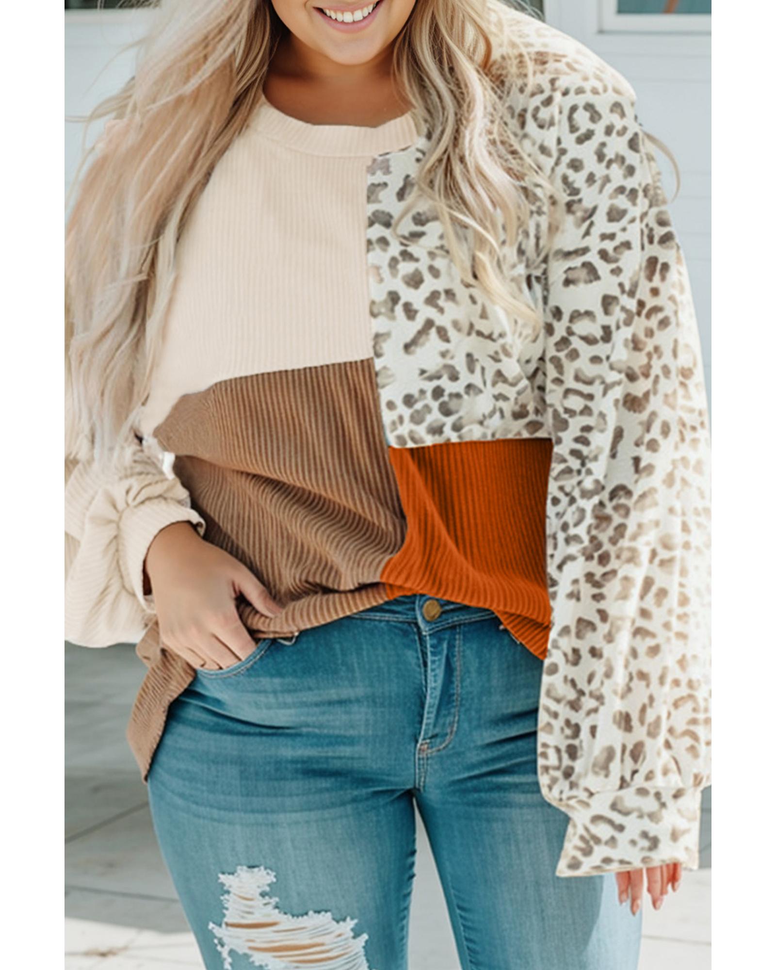 V539-AZEXPL2511394-P16-1X-202506182027-00 Khaki Ribbed Color Block Leopard Splicing Plus Size Top - 1X - Image 1