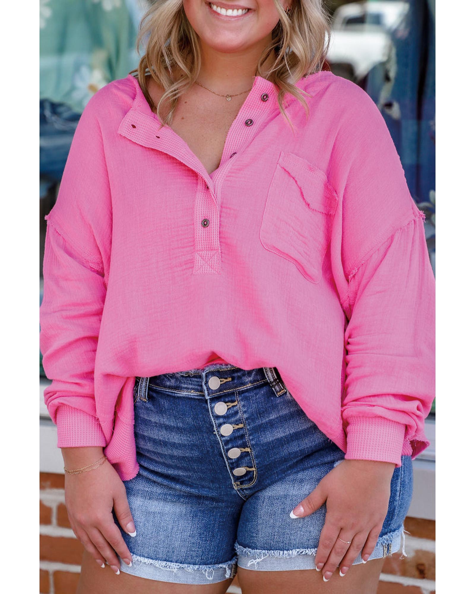 V539-AZEXPL2512372-P3010-3X-202508310415-00 Bonbon Half Buttons Chest Pocket Drop Sleeve Plus Size Top - 3X - Image 1