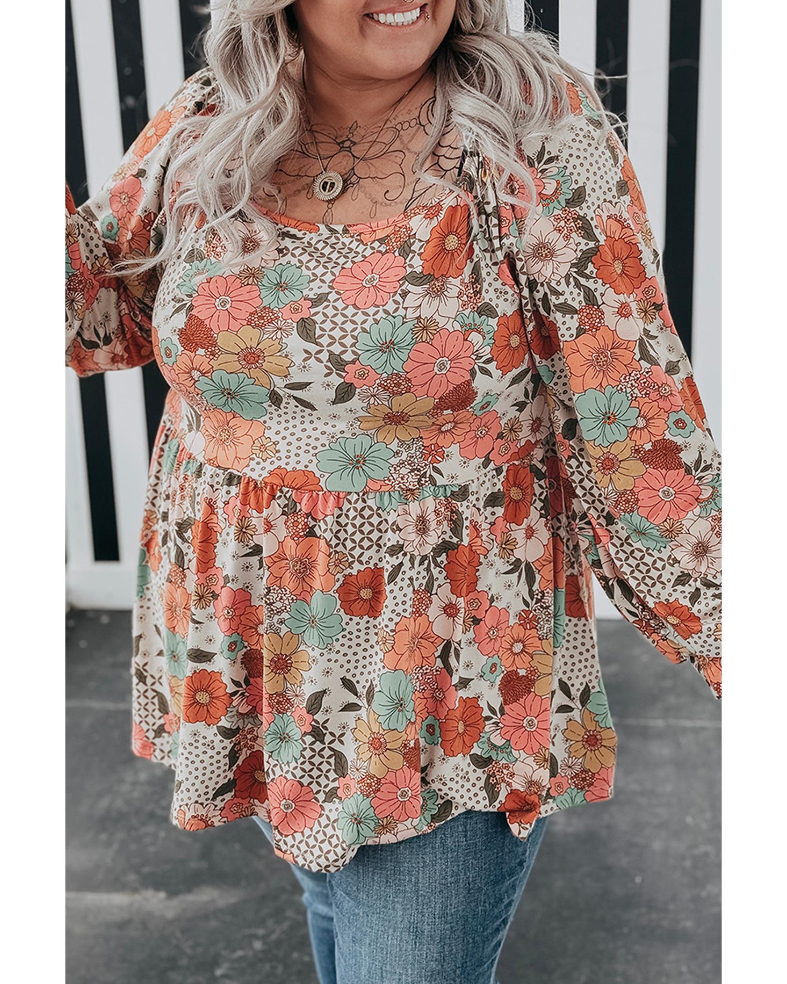 V539-AZEXPL2512519-P1620-1X-202506182127-00 Khaki Plus Size Flower Print Square Neck Peplum Blouse - 1X - Image 1