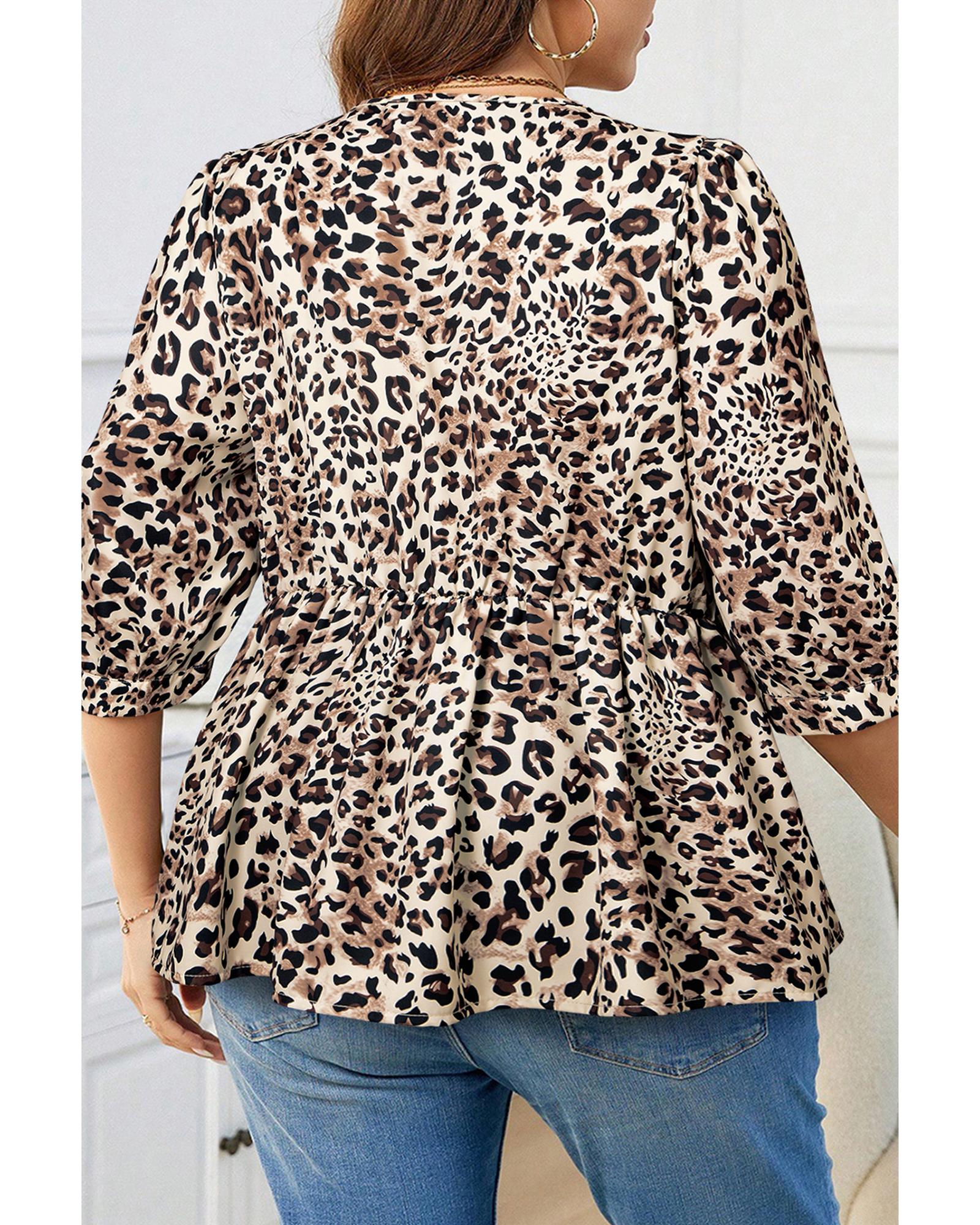 V539-AZEXPL2512617-P1620-1X-202506182146-00 Khaki Leopard Print Lace-up Ruffled 3/4 Sleeve Plus Size Blouse - 1X - Image 1