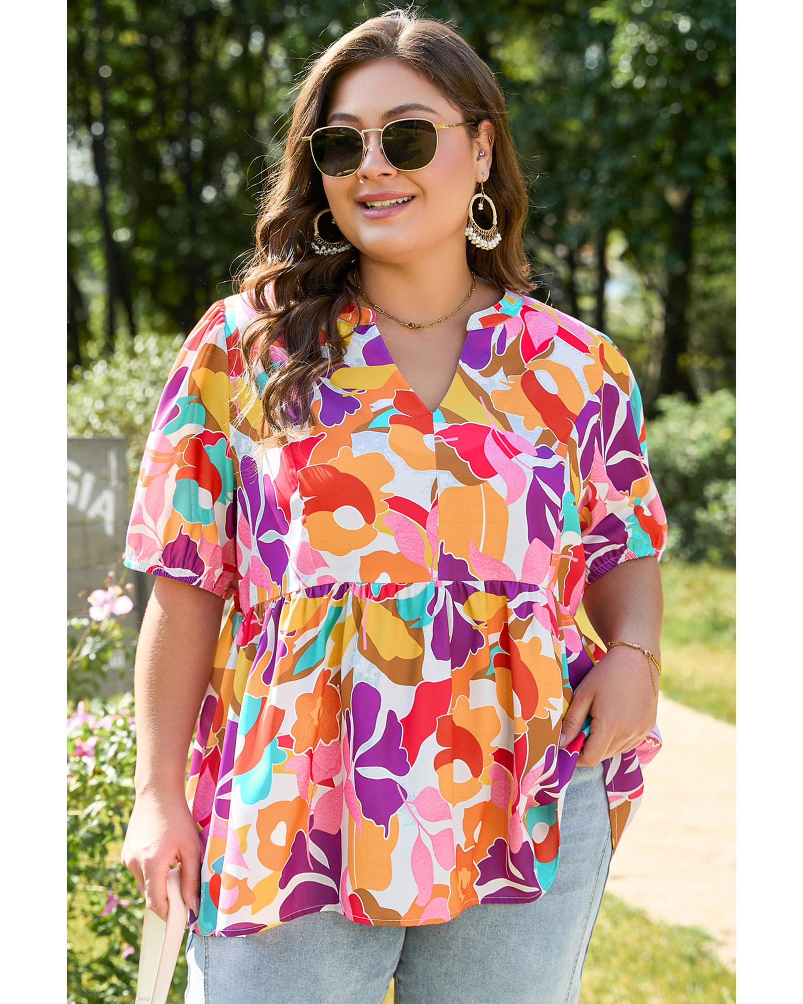 V539-AZEXPL2512745-P1020-4X-202508311505-00 Pink Plus Size Floral Print V Neck Fit and Flare Blouse - 4X - Image 1