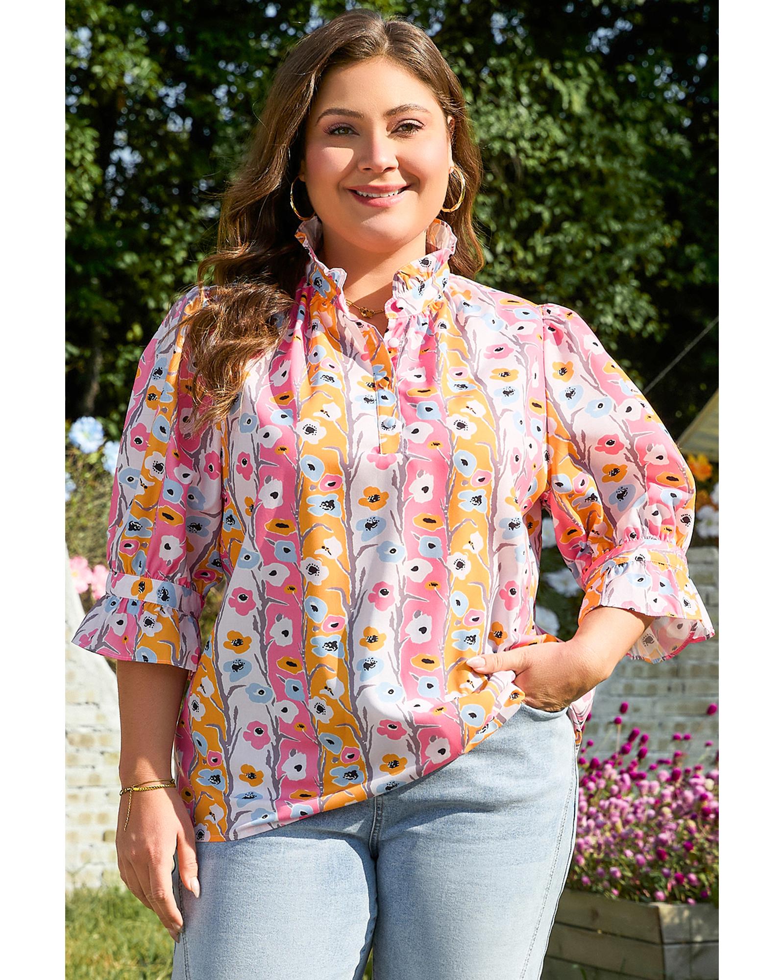 V539-AZEXPL2512775-P1020-1X-202506181920-00 Pink Floral Ruffled Collar Bracelet Sleeve Plus Size Blouse Top - 1X - Image 1