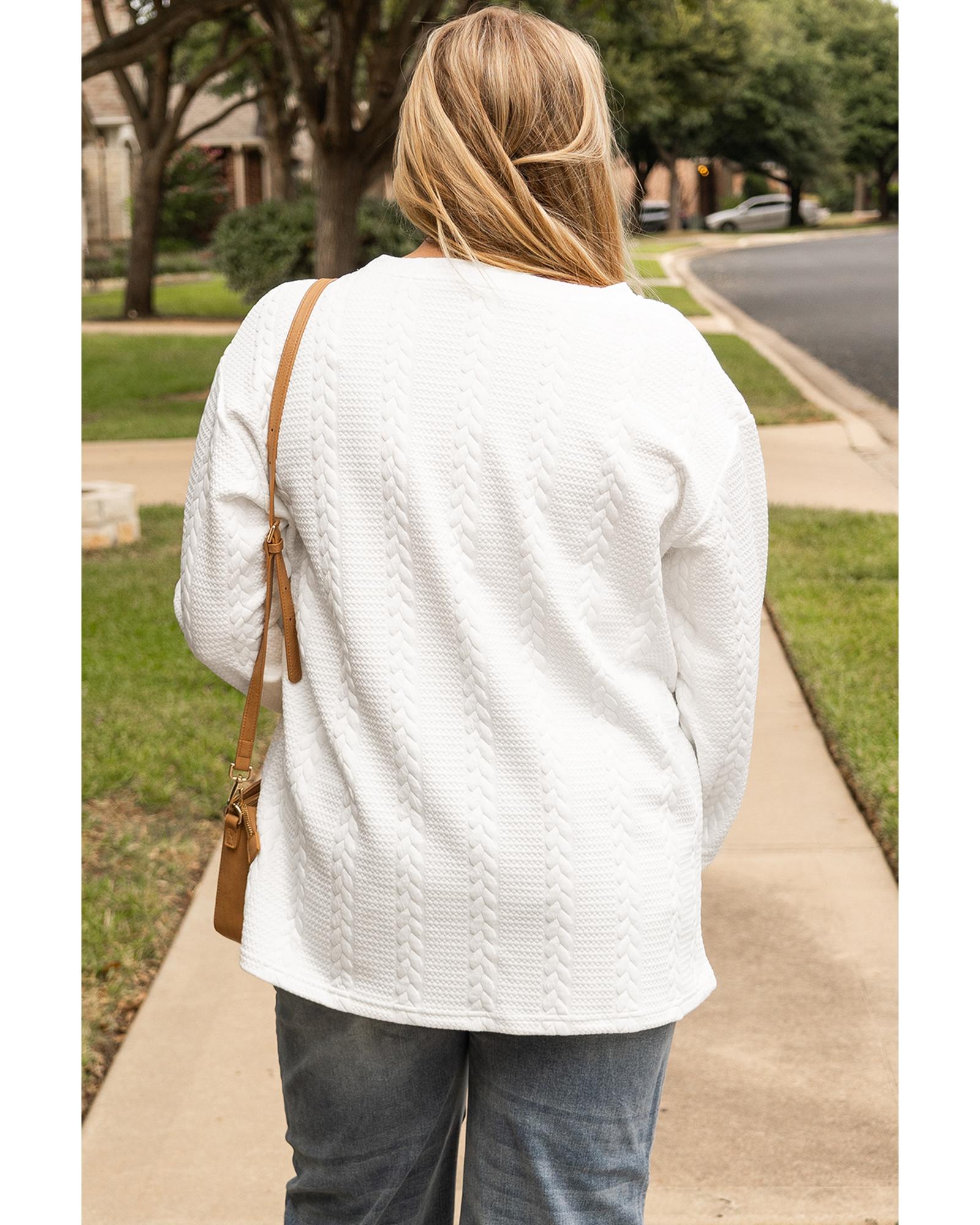 V539-AZEXPL25128303-P1-1X-202506181935-00 White Cable Textured Loose Plus Size Sweatshirt - 1X - Image 1