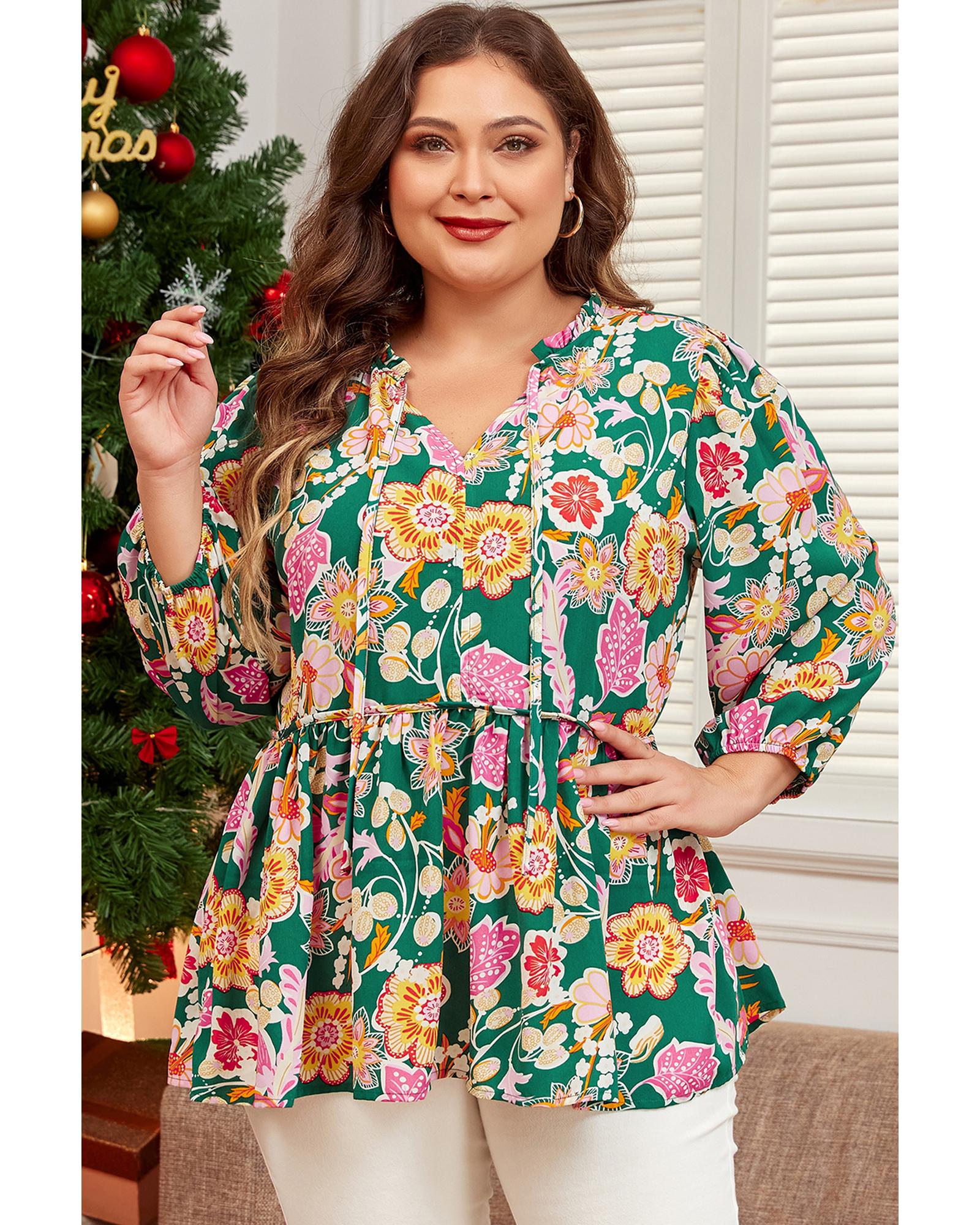 V539-AZEXPL25128411-P920-3X-202508310535-00 Green Floral Tied V Neck Long Sleeve Plus Size Babydoll Top - 3X - Image 1