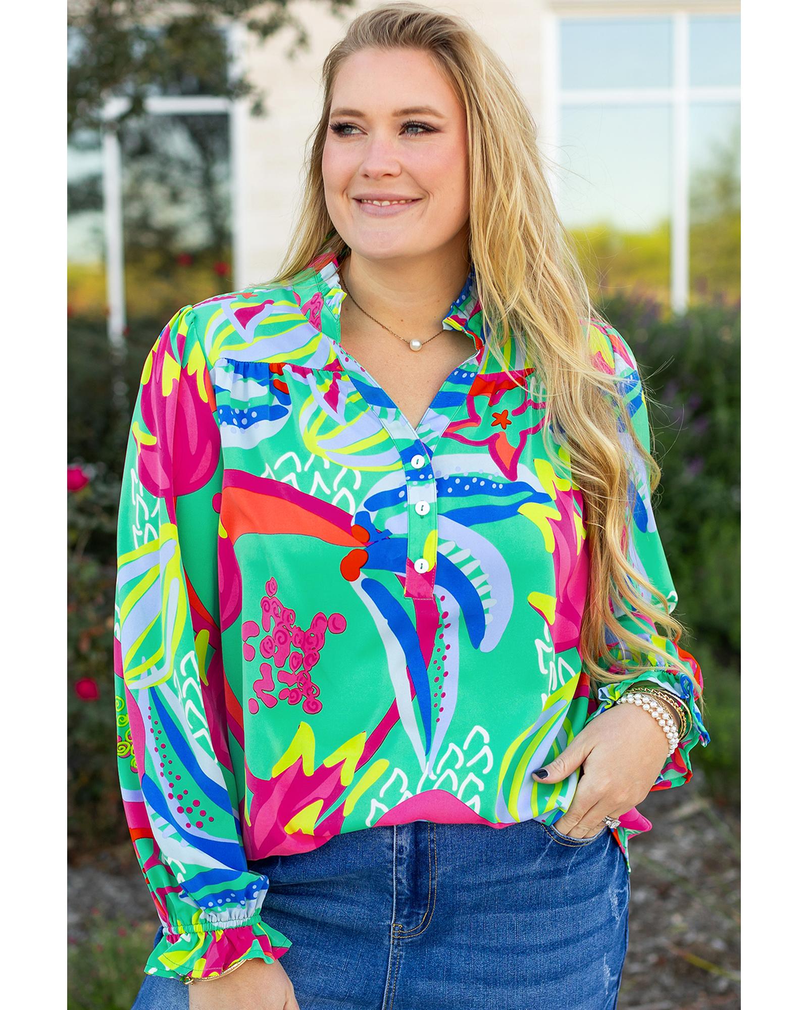 V539-AZEXPL25128414-P920-1X-202506181941-00 Green Abstract Printed Flounce Sleeve V Neck Buttoned Plus Size Blouse - 1X - Image 1