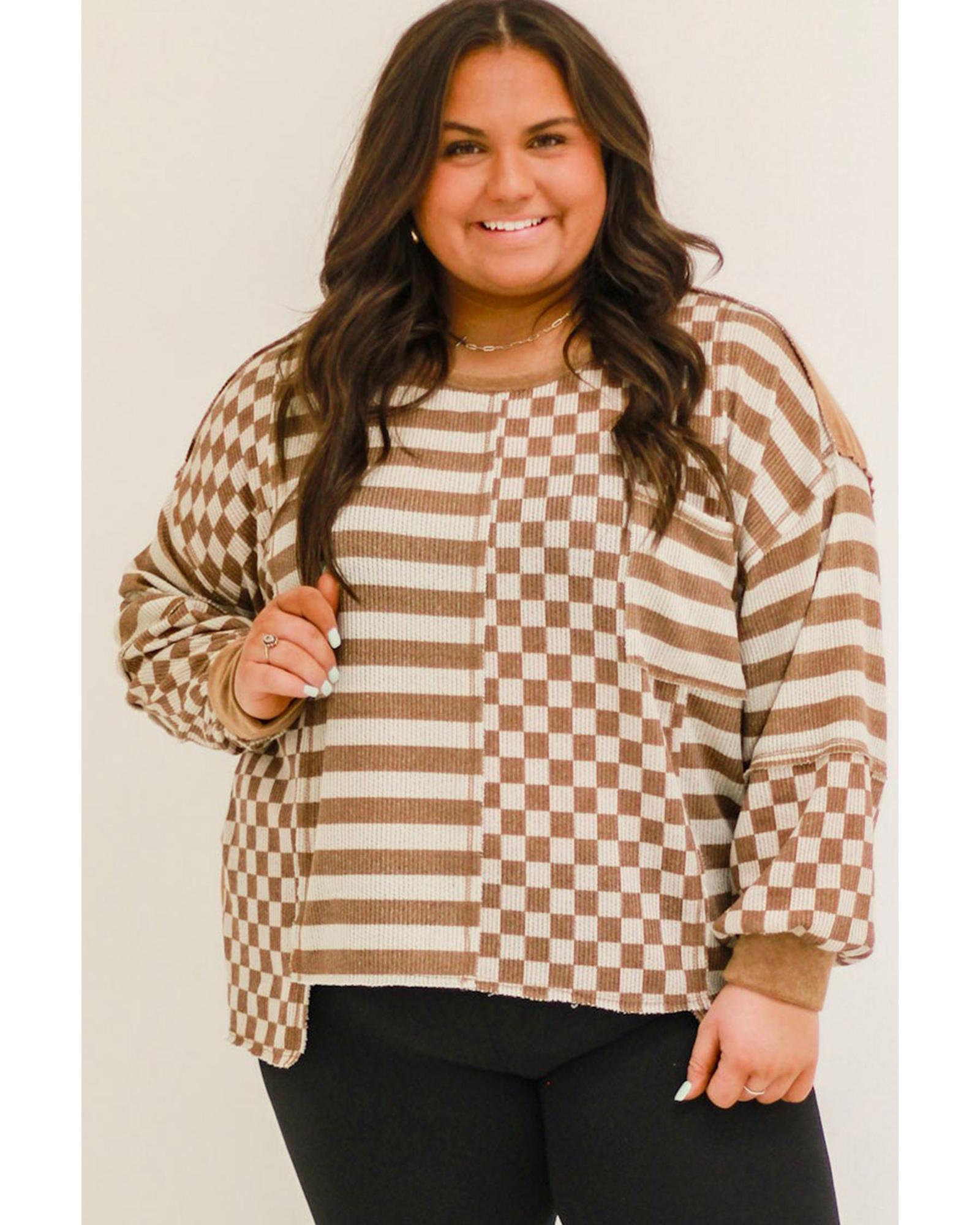 V539-AZEXPL25128906-P1622-4X-202508311240-00 Khaki Striped Checkered Mixed Print Chest Pocket Casual Plus Size Top - 4X - Image 1