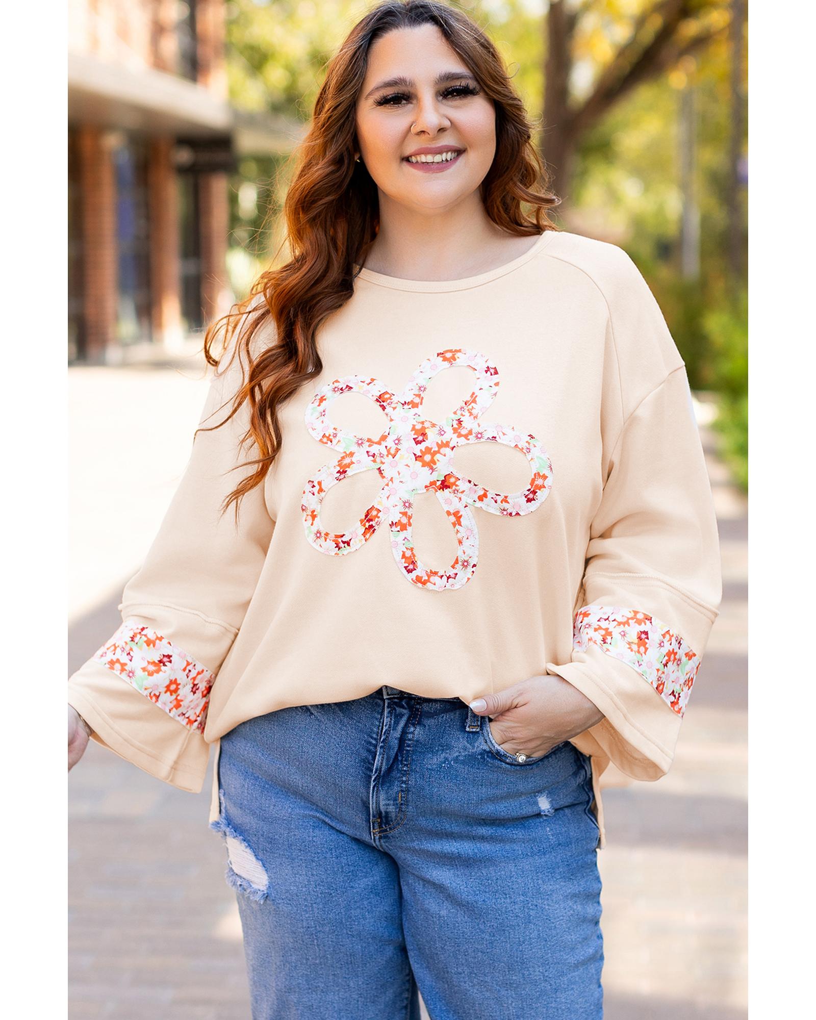 V539-AZEXPL25129068-P15-2X-202508311300-00 Beige Plus Size Flower Patched Side Slits Crewneck Top - 2X - Image 1