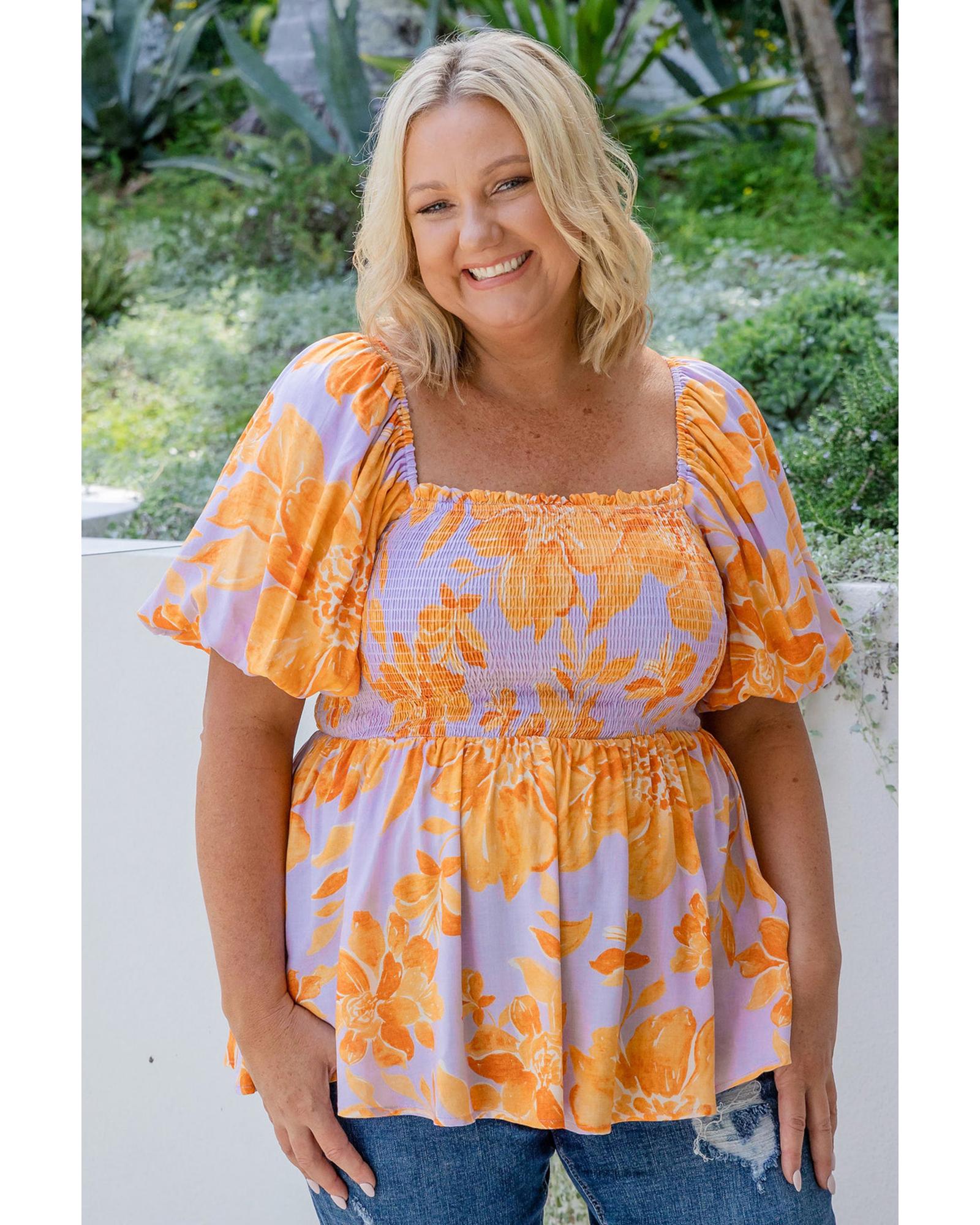 V539-AZEXPL2513060-P820-3X-202508311155-00 Purple Floral Puff Sleeve Square Neck Smocked Plus Size Babydoll Blouse - 3X - Image 1