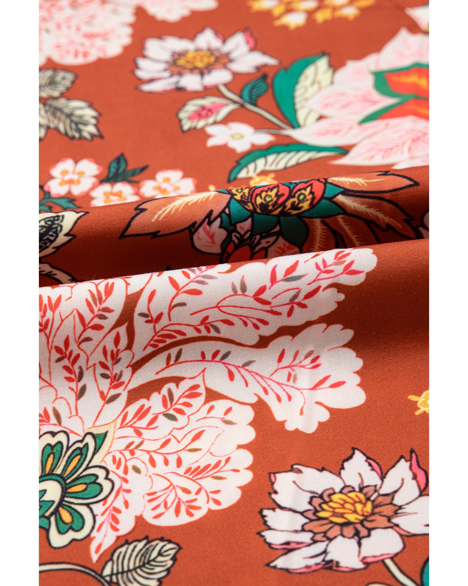 V539-AZEXPL2513172-P1720-2X-202508310340-00 Brown Floral Stitched V Neck Frilled Trim Puff Short Sleeve Blouse - 2X - Image 1