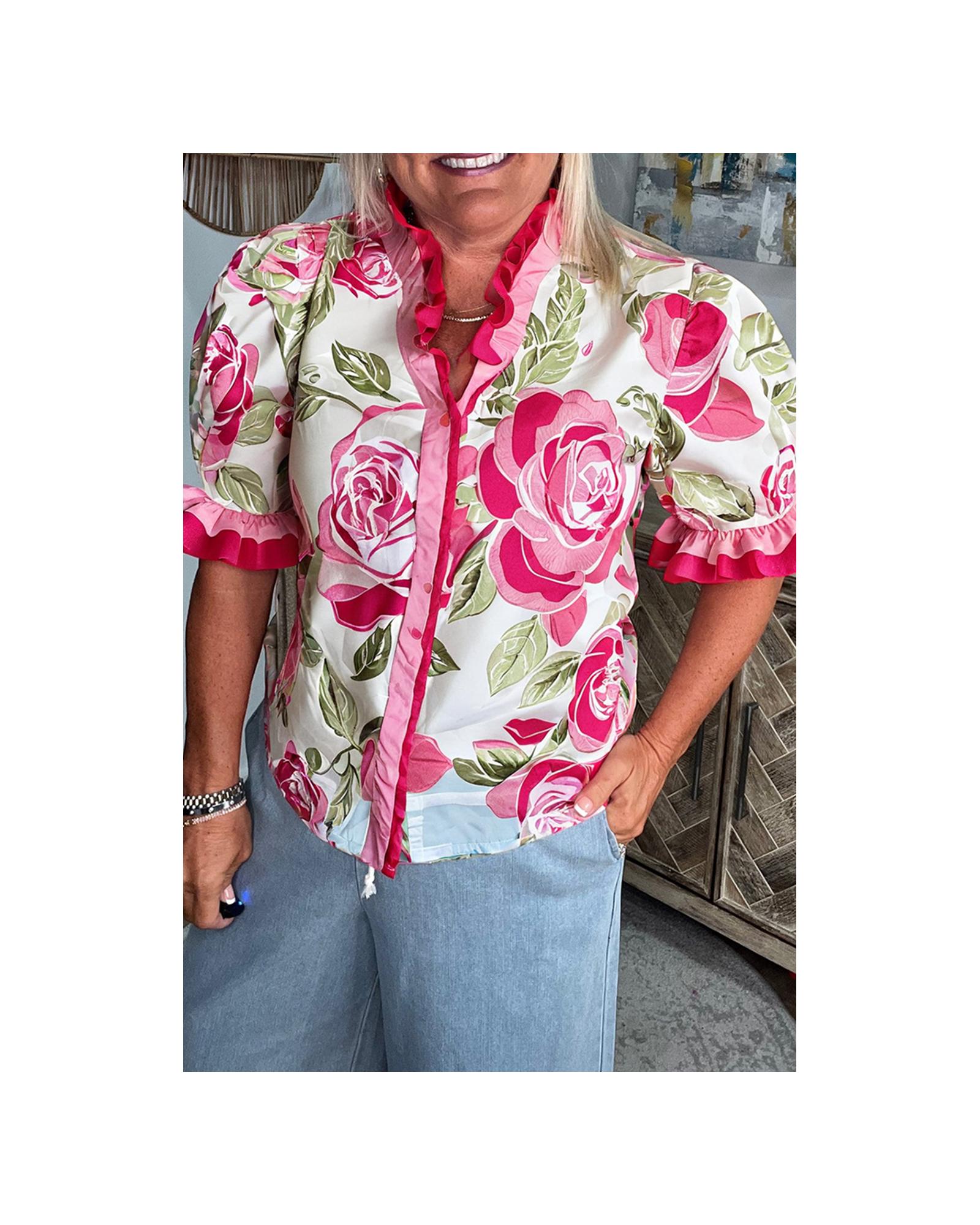V539-AZEXPL2513857-P620-2X-202508311050-00 Rose Plus Size Floral Print Frilled Stripes Detail Short Sleeve Blouse - 2X - Image 1