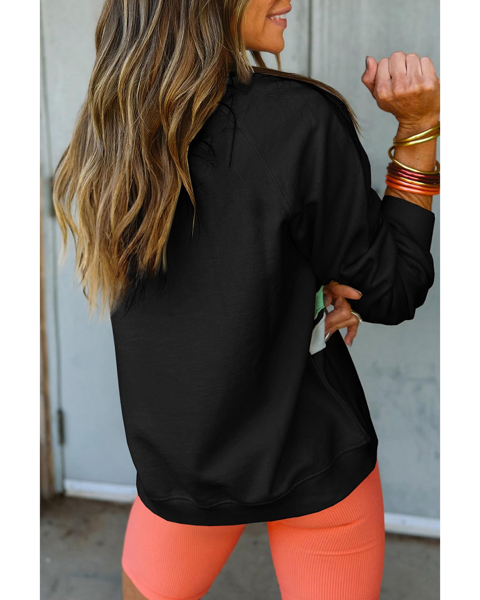 V539-AZEXPL253795-P2-4X-202508301755-00 Black Rainbow Raglan Sleeve Crew Neck Plus Size Sweatshirt - 4X - Image 1