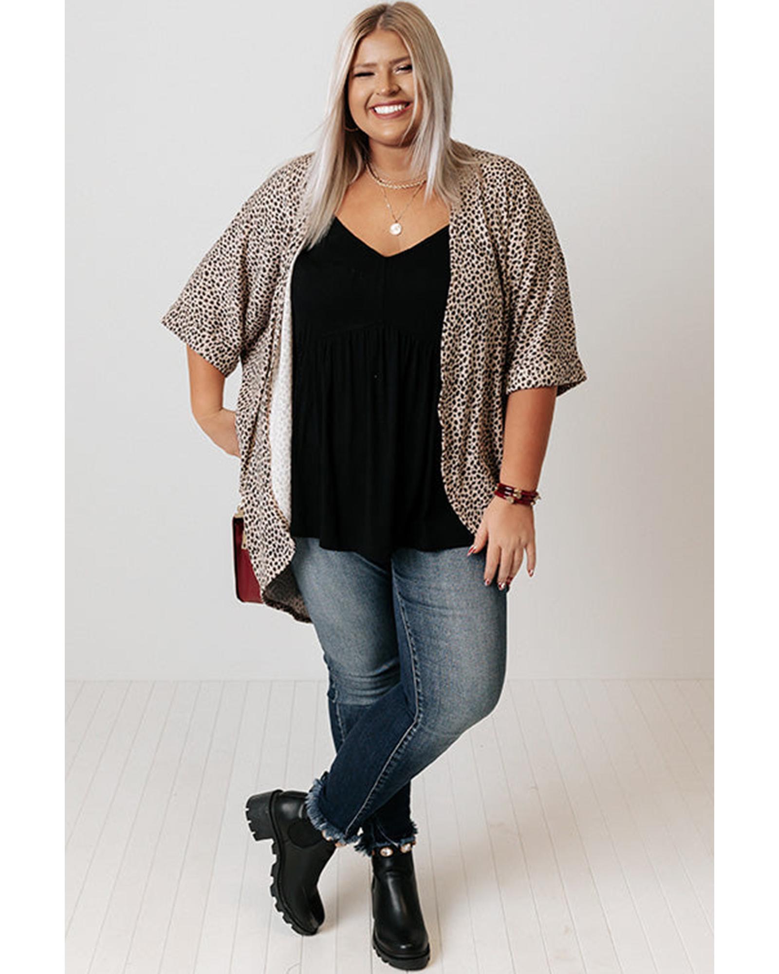 V539-AZEXPL254203-P1620-2X-202508301145-00 Khaki Plus Size Leopard Print Half Sleeve Open Front Cardigan - 2X - Image 1